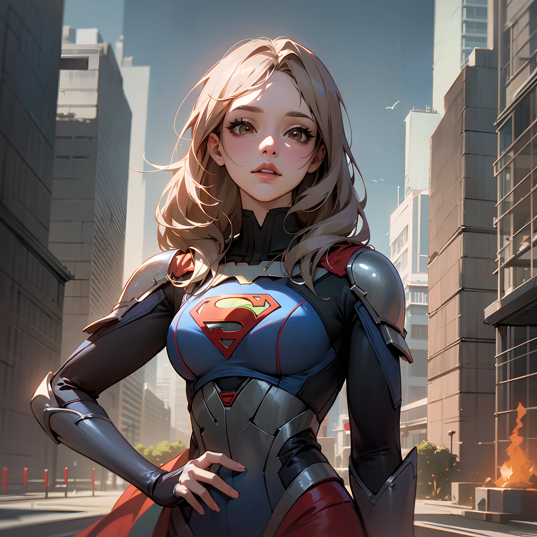 Sasha Calle, Supergirl , motor irreal:1.4,CG ultra realista 64K, fotorrealista:1.4, textura de la piel:1.4, obra maestra:1.4,Hermosa mujer Usando un disfraz de Supergirl, cabello negro y corto, brown eyes (Sasha Calle), Antecedentes detallados, traje de super cyberpunk ,An apocalyptic city of fire, mostrando vientre plano, hermosas manos finas --auto --s2