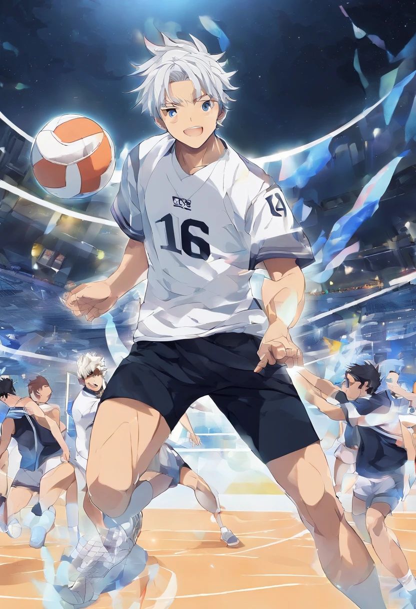 volleyball player, Homem, branco de cabelo curto liso/meio ondulado castanho escuro, com barba, olhos castanhos, wearing a black shirt with a front with the number 16 on the chest on the left side and the symbol of a minerva on the right side and written UFRJ MEDICINE underneath. The player is attacking the ball in the center position with his arm outstretched and going far beyond the height of the volleyball net in front of him. Ao fundo, There is a crowd of fans in black and blue colors celebrating the point of the attack.