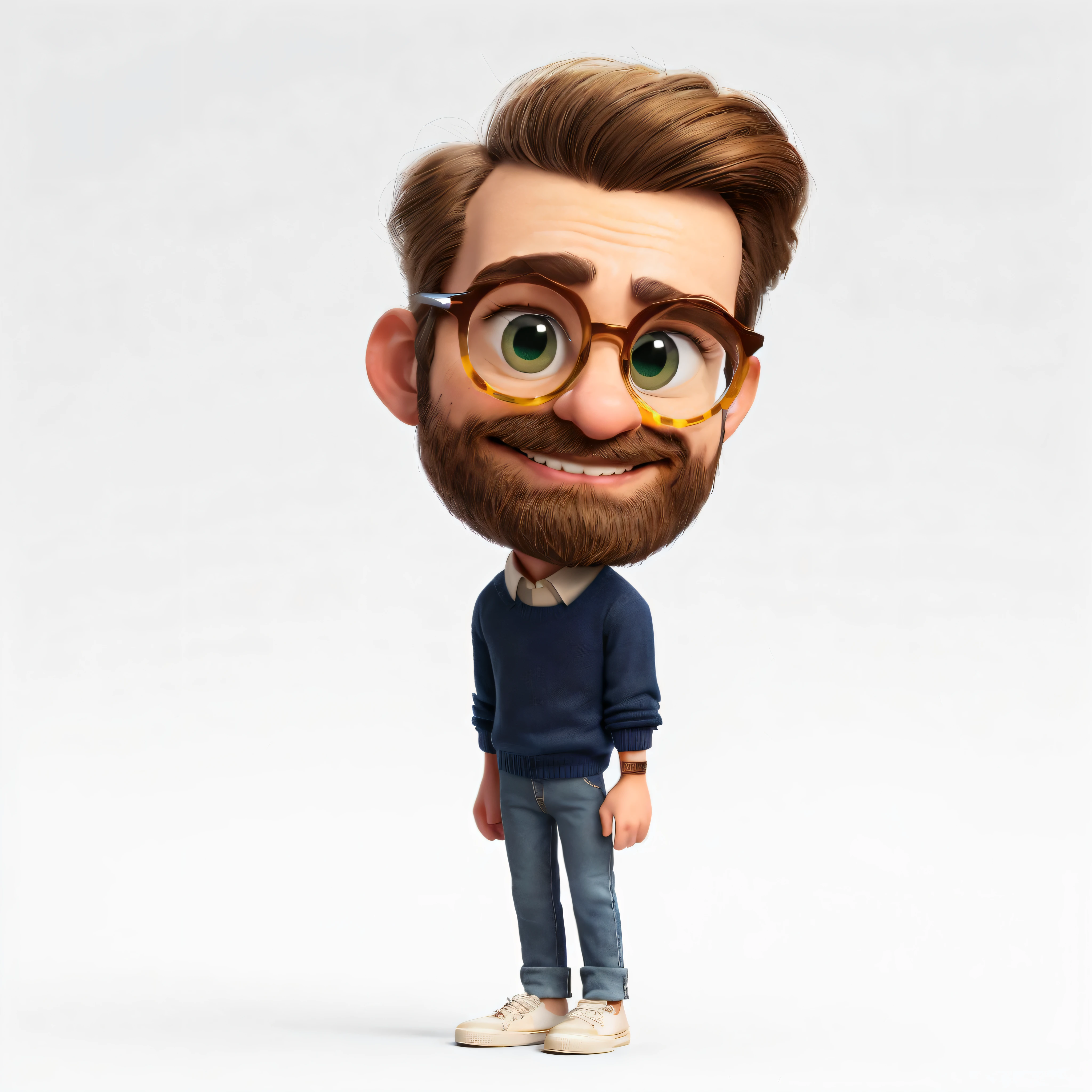 A full-length shot of the Disney pixar avatar of a tall, thin teacher with white teeth, brown beard, hair lighter than his beard and large forehead, small pointed nose, very small olive green eyes, brown round-shaped glasses with yellow textures, in the tortoiseshell style, with short, thin hair, wearing a navy blue sweater and white shirt, jeans and white sneakers, with a happy smile, more arched and thin eyebrows, and fuller lips, like children.