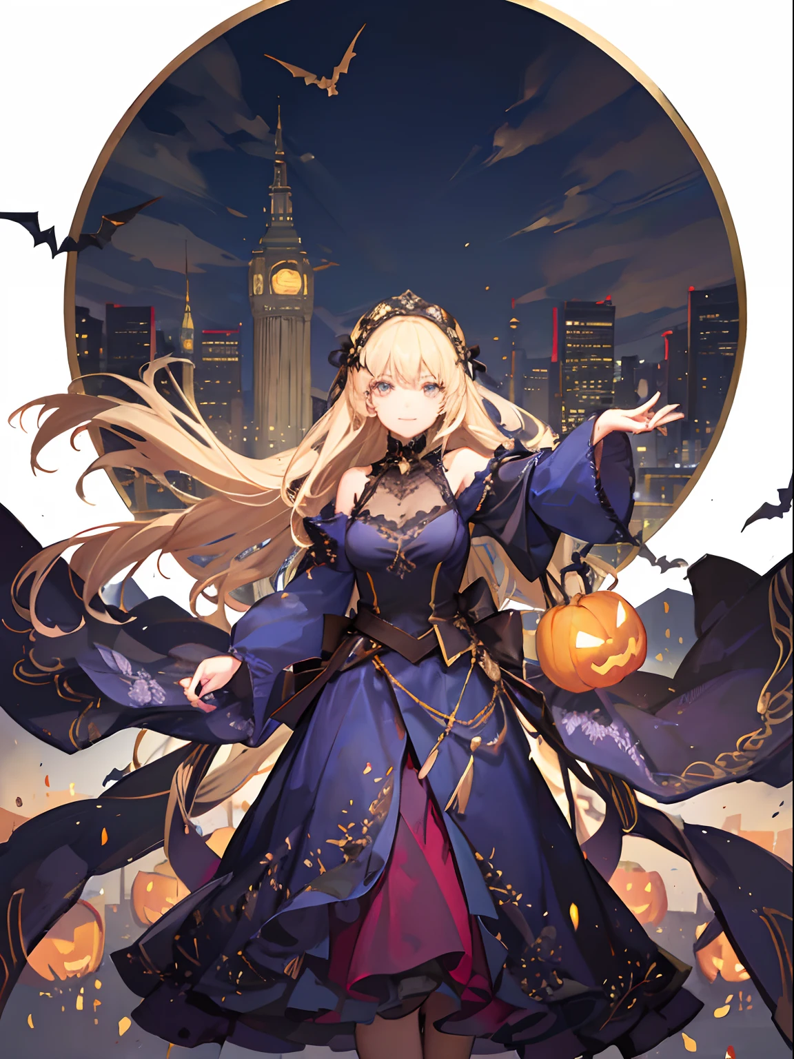Jack-o'-lantern in hand, Medieval European cityscape on Halloween,  Girl facing the front , eyes are brown, Blonde girl in blue dress, Her hair is long、Fluttering in the wind, Transparent cloth dress shimmering in the light.