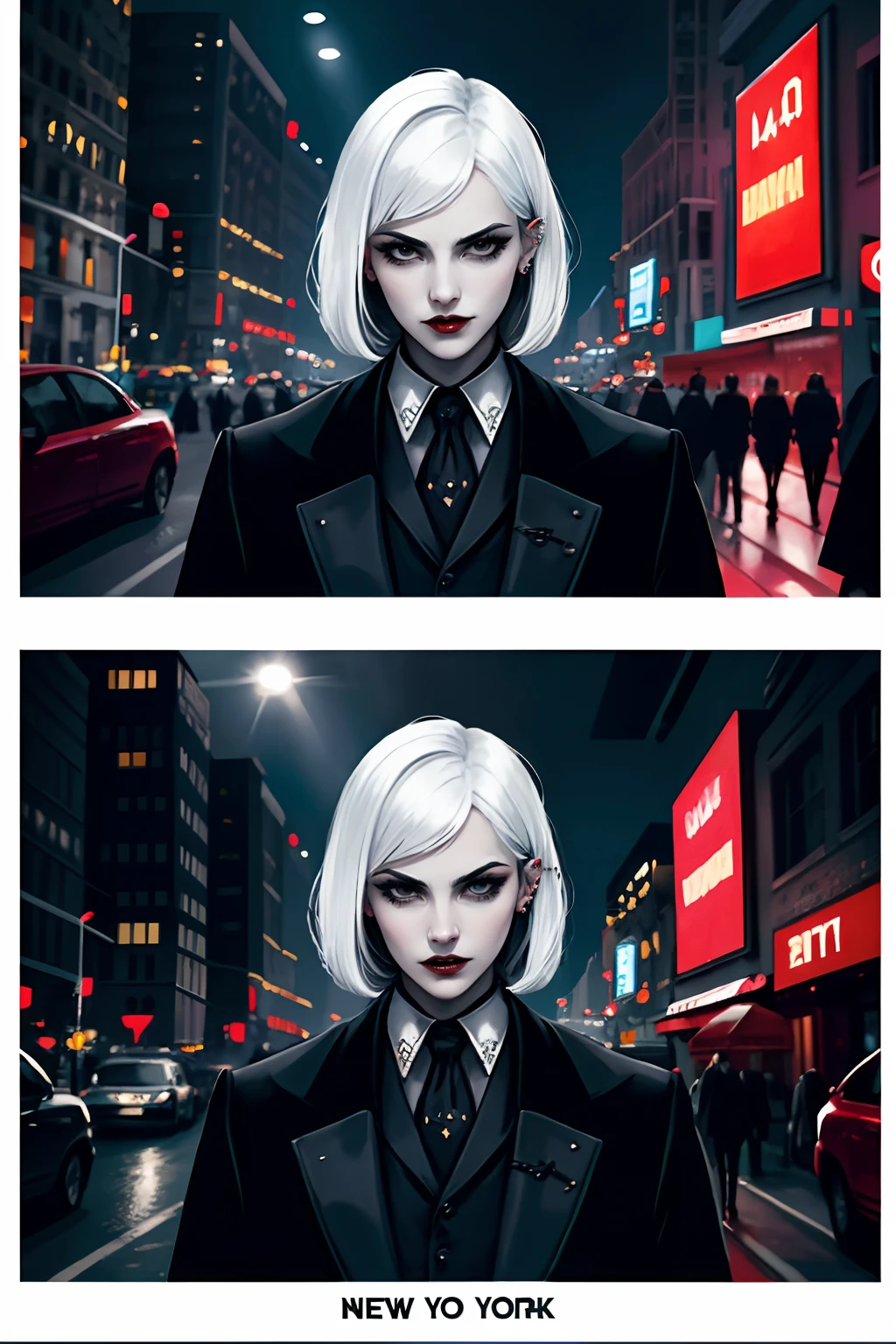 High Quality Art, ((l vampire)), bodyguard, The woman, Beautiful cute symmetrical face, strict, white colored hair, Piercing Mad Gaze, Black Eyes, overcoat, formal & business attire, closed mouth, black eyeliner, full lips, expressive eyes, big , hairstyle "Bob with straight bangs", ultra detail, 8K, Masterpiece, Best Quality, True-to-life colors and lighting, hyper realisitc, Gothic Punk, 21st century, New York City Street