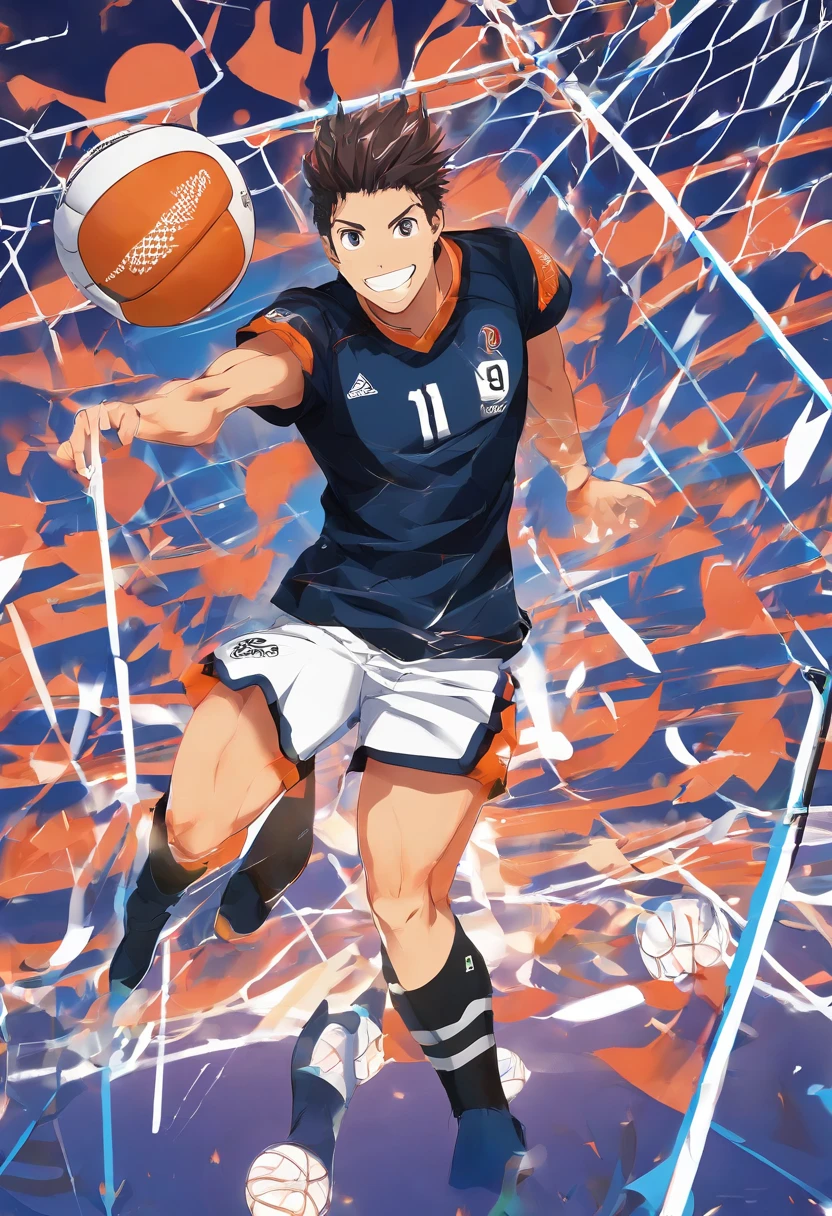 volleyball player, Homem, pele clara, de cabelo curto liso/meio ondulado castanho escuro, com barba, olhos castanhos, wearing a black shirt with a front with the number 16 on the chest on the left side and the symbol of a minerva on the right side and written UFRJ MEDICINE underneath. The player is attacking the ball in the center position with his arm outstretched and going far beyond the height of the volleyball net in front of him. Ao fundo, There is a crowd of fans in black and blue colors celebrating the point of the attack.