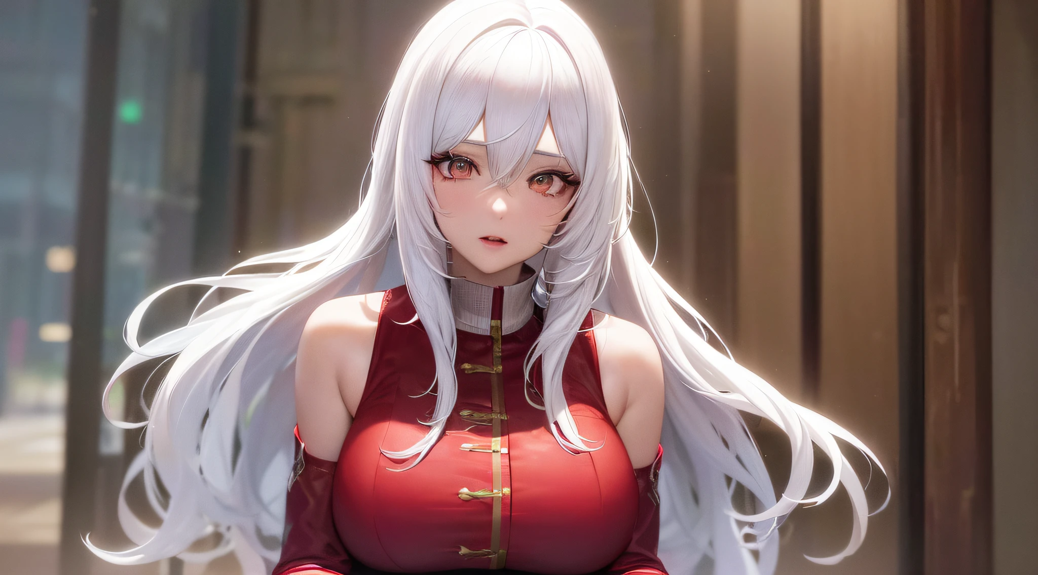 (best quality,4k,anime:1.2),ultra-detailed,(photo-realistic:1.37),(long white hair:1.2),red vest,beautiful anime girl,smooth anime-style portrait,amazing anime facial features