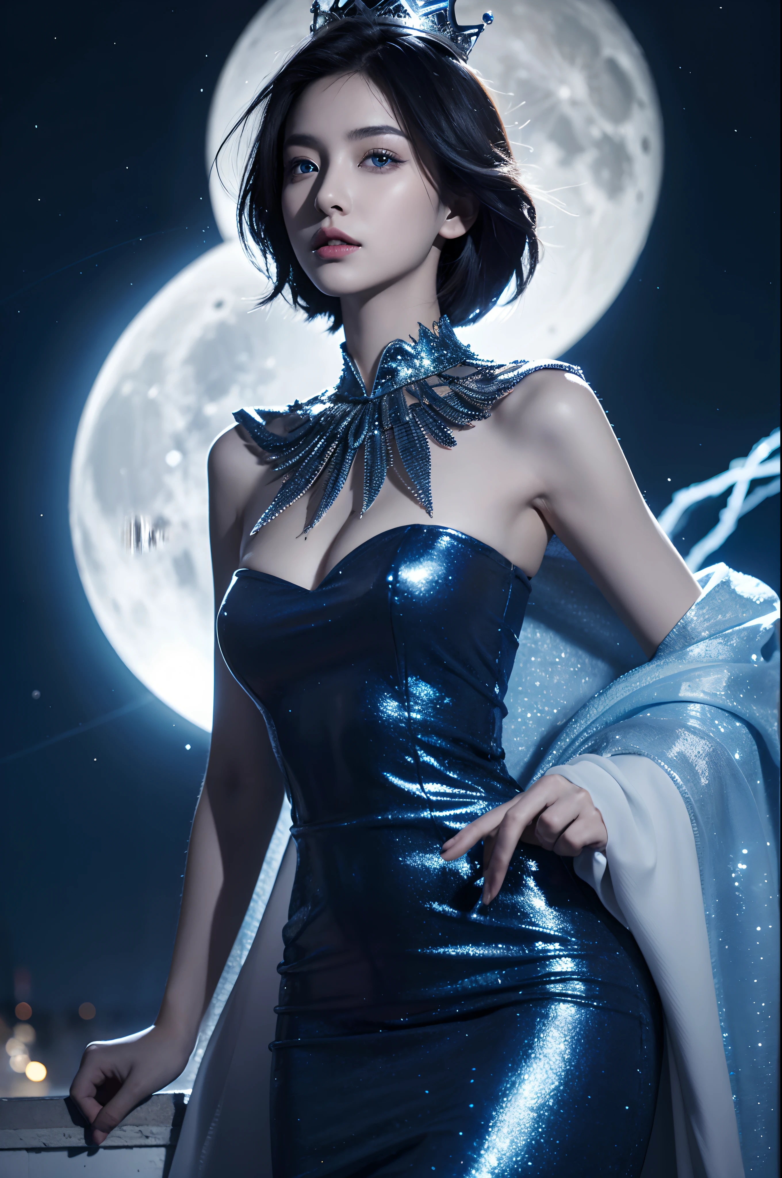 Night, ((1 girl)), Alone, Masterpiece, 8K wallpaper, A high resolution, absurderes, High quality background, Short hair, Black hair, multicolour hair, Beautiful frozen village, (Bright full moon), Blue dress, Detailed dress, Jewelry dress, (magic:1.2), bluefire, Blue eyes, Glowing eyes, Fire, Ice Goddess, (Blue detailed beautiful crown), Electricity, Blue electricity, Blue light particles