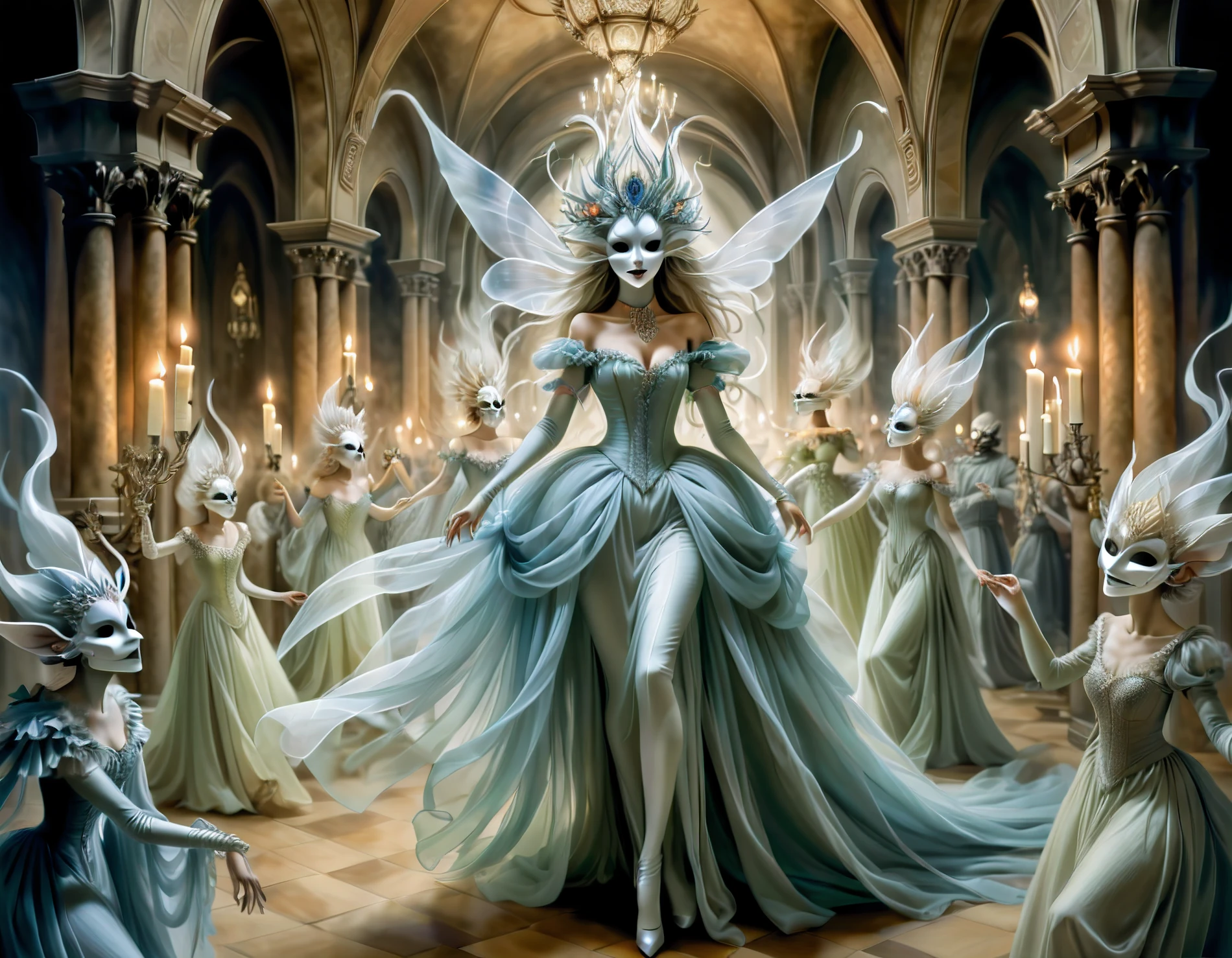 Step into a ghostly masquerade ball with this captivating illustration where ethereal spirits in elaborate costumes dance in a grand hall. The flickering candles cast an eerie glow, illuminating the hauntingly beautiful masks and dresses. The composition captures the enchanting atmosphere of the ball, with swirling movements and haunting melodies filling the air. The use of muted colors and intricate details adds depth and visual interest to the illustration, evoking a sense of both wonder and unease. Illustrated by renowned fantasy artist Brian Froud. art by mooncryptowow，creature