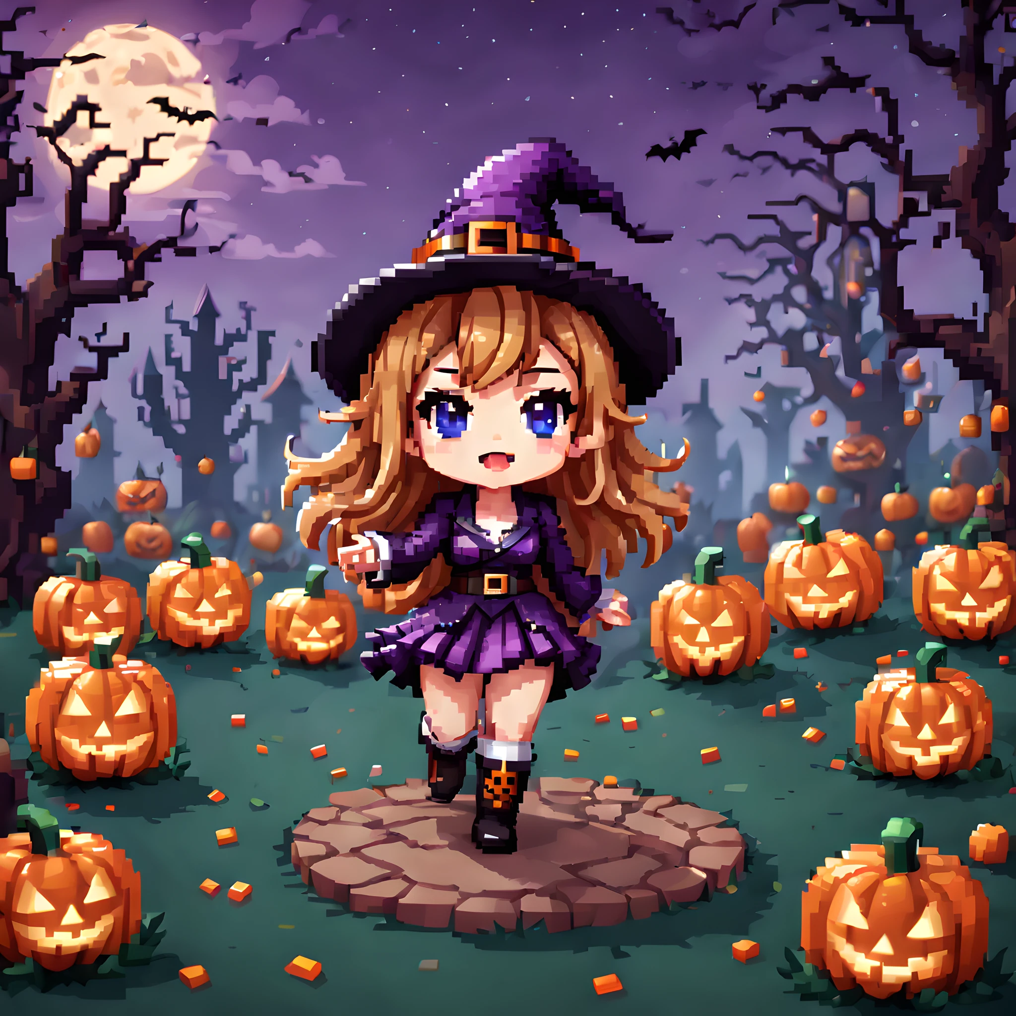 (Pixel art:1.5), (chibi emote:1.5), (chibi character:1.5), (halloween theme:1.5), (fantasy:1.5), (magical world:1.5), (fantastic halloween background:1.5), (halloween:1.5),
