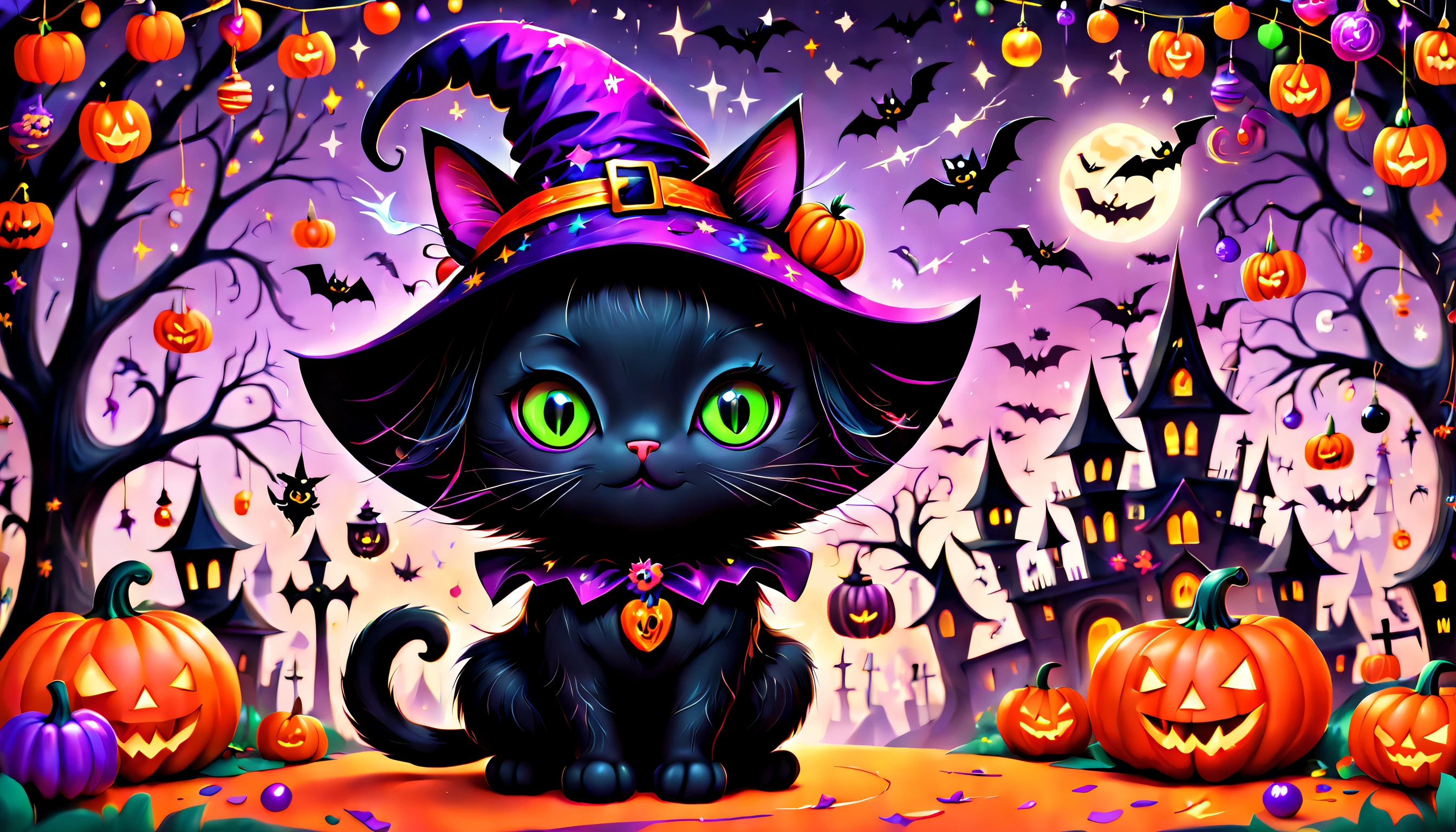 "A vivid, realistic illustration of a cute, whimsical Halloween scene featuring a spooky yet adorable black cat dressed in a charming, twinkling witch's costume, surrounded by vibrant, magical colors and whimsical decorations, inspired by the unique, imaginative style of Mary Blair." style of xk3mt1ks