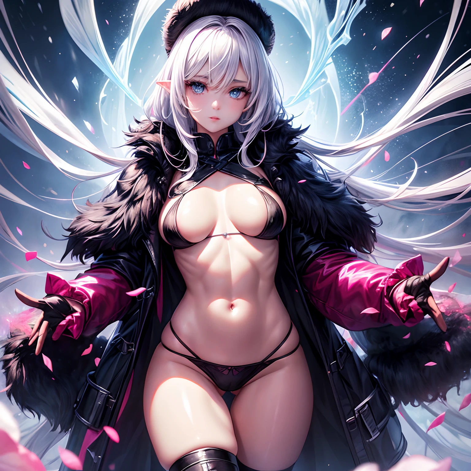 finest image, (8k, RAW photo, realistic), detailed and delicate depiction and flashy and dynamic painting method, cool beauty female, iridescent white flowing layered short hair, blue shining big eyes, long eyelashes, double eyelids, half open crimson alluring moist big thick lips, amorous expression, lewd expression, flat chest, abs, slender, perfect proportion, hot pink lace micro mini bra and panty, black leather long coat without buttons, black Ushanka, black engineer boot, blurry background snow field, falling snowflakes and ice crystals, fantasy, many red petals, iridescent golden particles, iridescent light, professional lighting