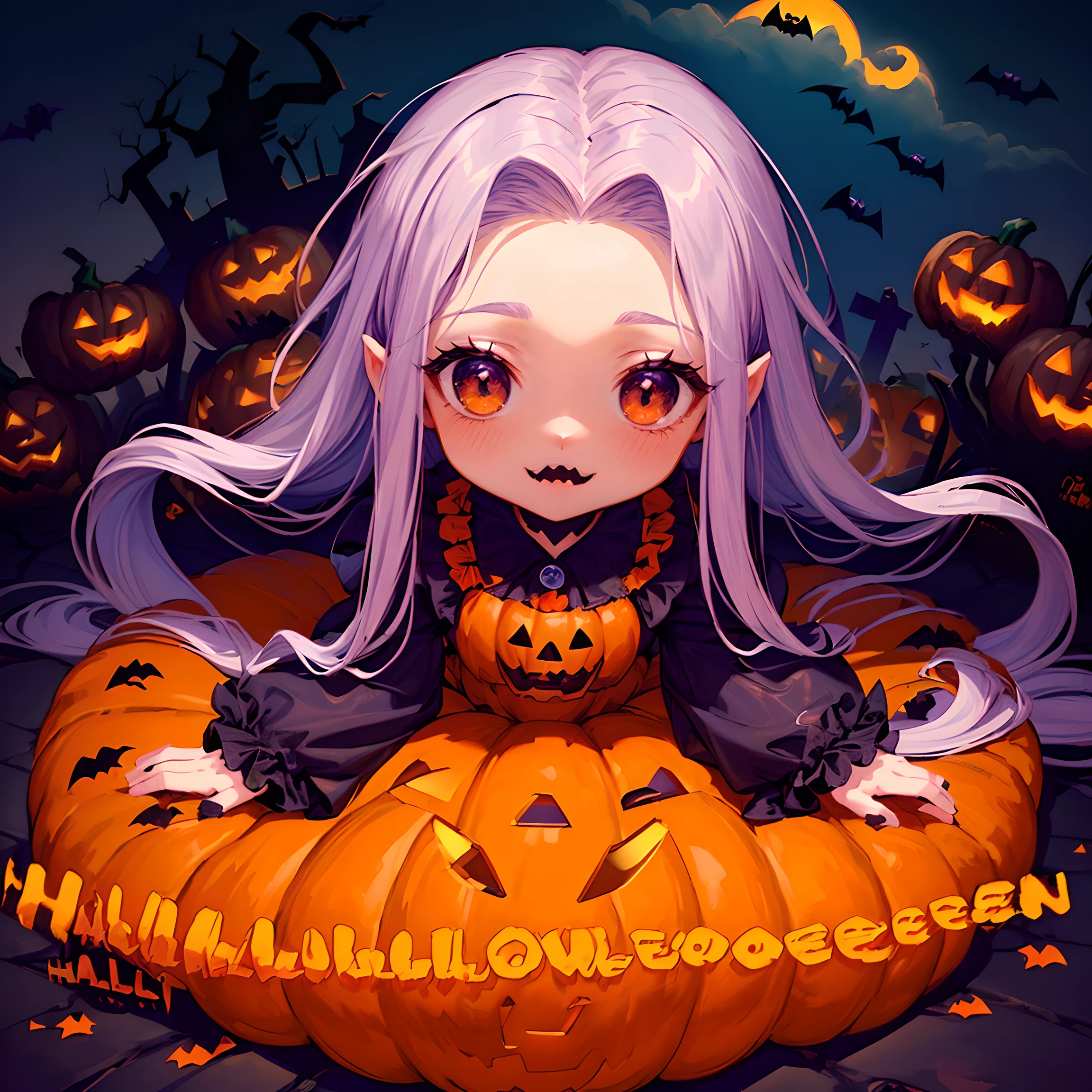 (Halloween theme:1.5), (magic:1.5), (fantasy:1.5), (centered image:1.5), (dark night sky:1.5), (cloud:1.5), (chibi emote:1.5), (chibi character:1.5), (Halloween tea party:1.5), (pumpkin monster:1.5), (cute ghost:1.5), (medusa:1.5), (mummy:1.5), (orange theme clothes:1.5),