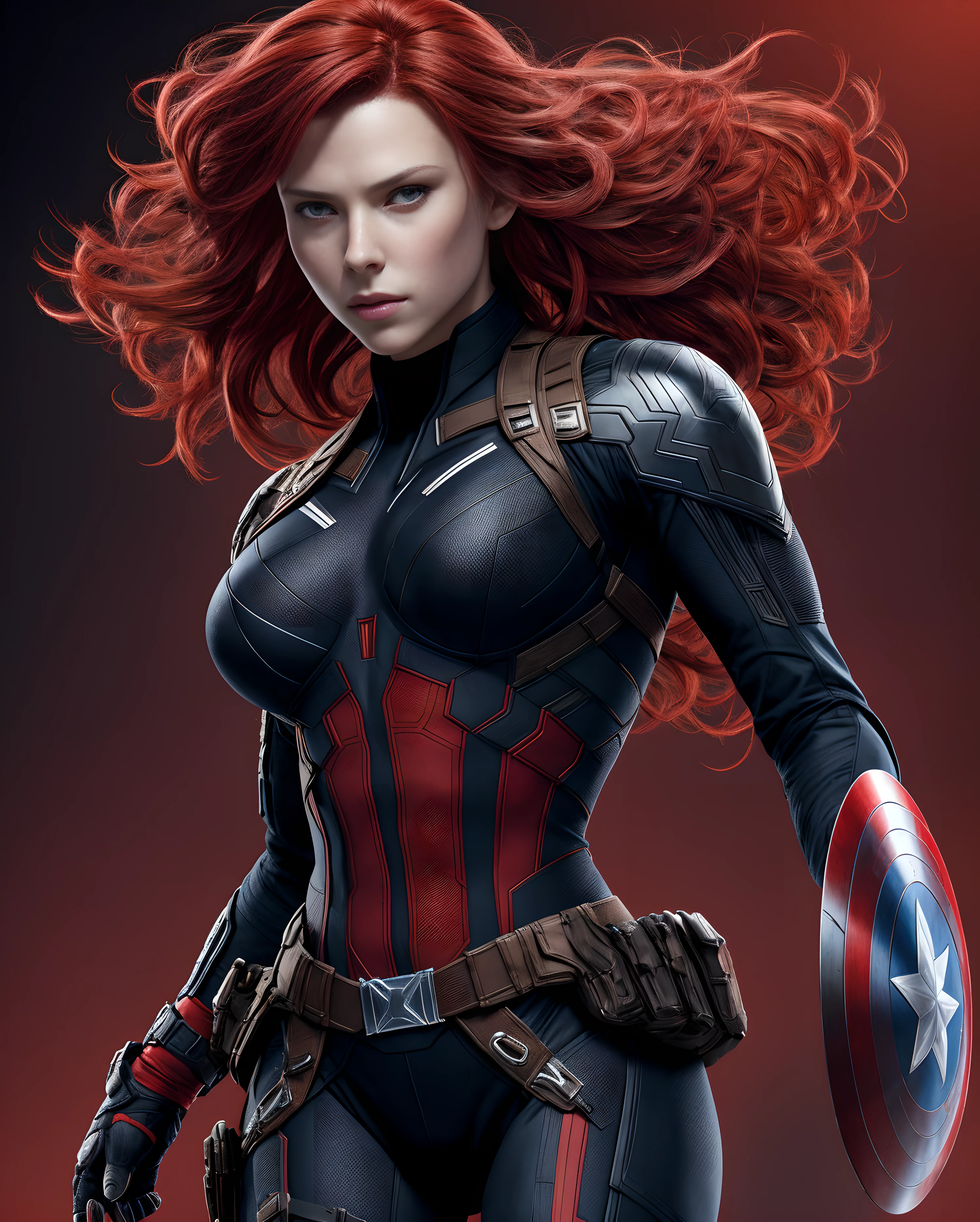 1girl, masterpiece, best quality, 8k, detailed skin texture, detailed cloth texture, beautiful detailed face, intricate details, ultra detailed, Black Widow in the style of the Captain America, straight red hair, dynamic pose