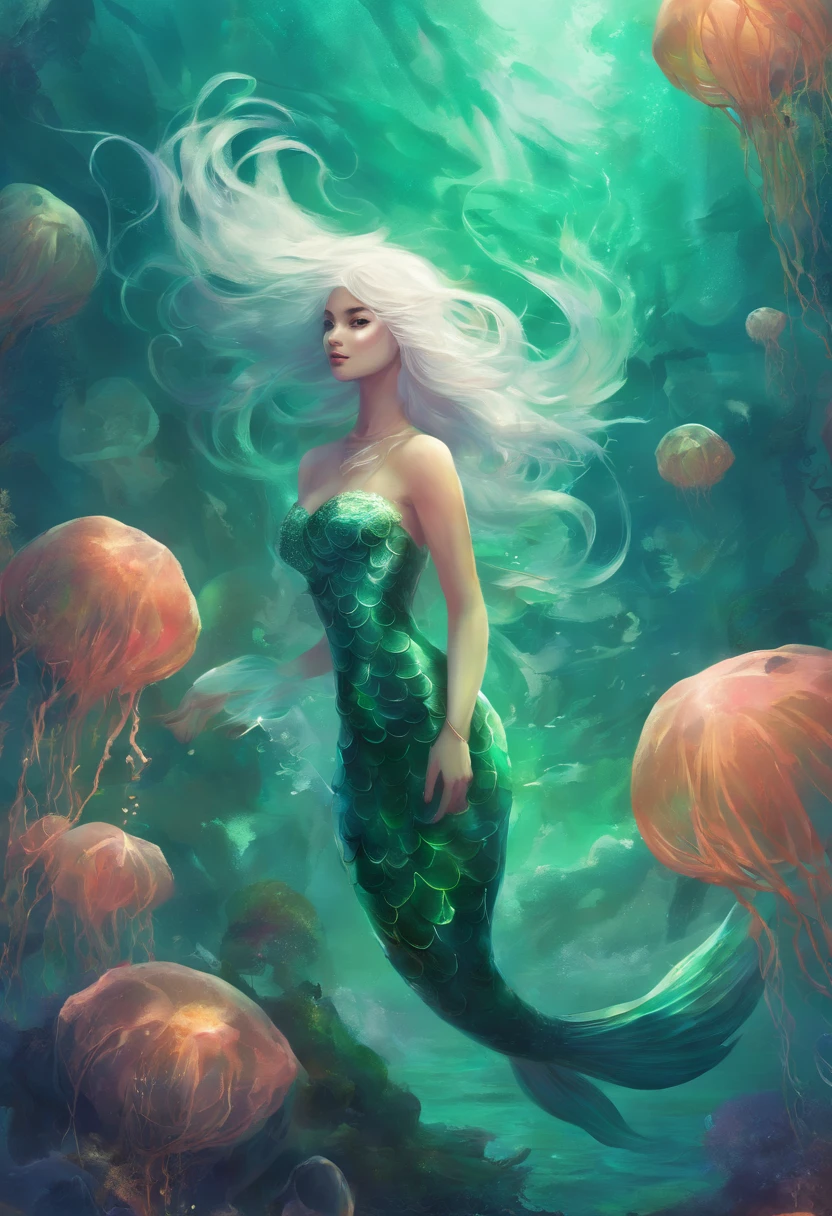 A mermaid with flowing white hair, in a sea of jellyfish, beautiful glowing green eyes, half Asian girl