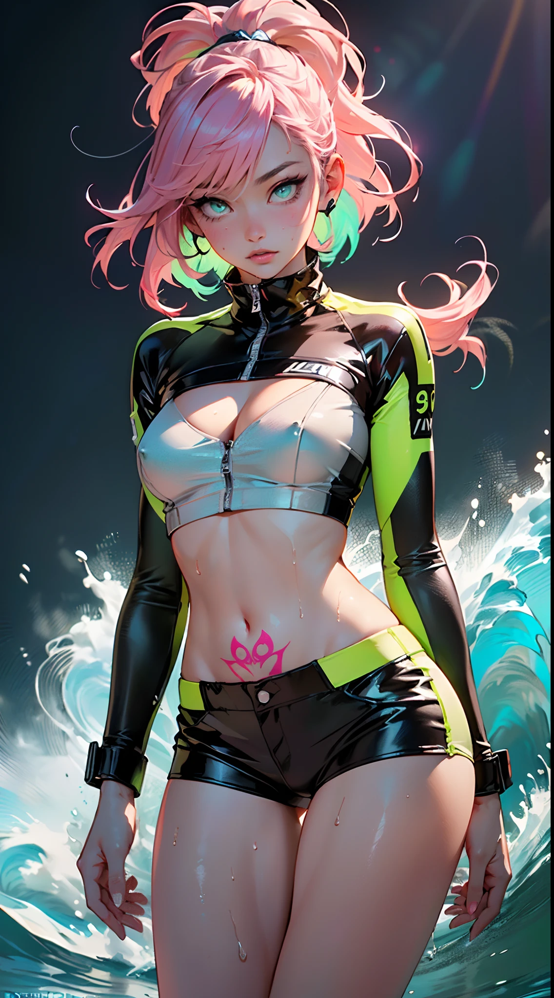 girl rave,(((1girll))),((A girl with extremely cute and beautiful pink hair)),((asian features)),

(Small breasts:1.4),lively breasts,cleavage,(((Neon pink hair:1.35,wild hairs,Long hair:1.4,Colored inner hair,Ear breathing))),(((neonlight_Green_Eyes:1.3))),intricately detailed eyes,Beautiful detailed eyes,Symmetrical eyes,slanty eyes:15,((Fat)),((((Glossy glossy skin:1.5,Bright Skin: 1.5,Shiny skin,very shiny skin,shining body,plastic glitter skin,exaggerated shiny skin,brightskin, Wet legs))),(spider lower abdomen,Narrow waist,Wide buttock,atheletic body,inflated legs,Detailed body,(Detailed face)),

Cute,slutty,Seductive,Erotic,(((NSFW))),

zettai ryouiki，track suit，show skin,((Rave shirt in neon print,Rave mini shorts,visible thong straps)),(rave outfit:1.3,rave clothes,Semi-naked,The clothes are little),((Neon tattoo:1.3)),((Wet clothes,intricate outfits,intricate clothes)),

(Dynamic pose:1.0),solofocus,Embarrassed,(Centered,scale to fit the dimensions,Rule of thirds),

Seaside cyberpunk city at night, There are bright neon lights and dark storm clouds and puddles, scenery:1.25,

artsy photography,(photography of：SLDR),A high resolution, Sharp focus, (Ultra detailed, Extremely detailed), (realistic artwork:1.37),(Extremely detailed Cg Unity 8K wallpaper),((Synthetic wave background theme)),(((Vibrant colors))),(intricate background),(Masterpiece),(Best quality),