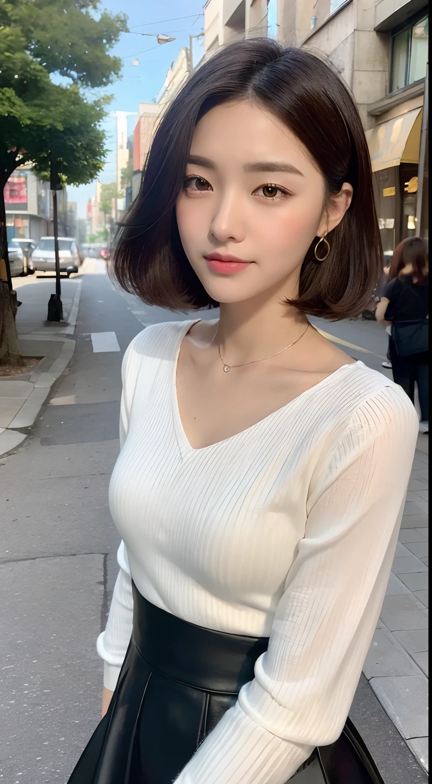 （（best qualtiy，8K，tmasterpiece：1.3）），Perfect beauty：1.4，glute：1.2，（Layered Hair Style：1.2）），（the street：1.3），Highly Detailed Face and Skin Textur，full bodyesbian，Elaborate Eyes，二重まぶた，Whitens the skin，Short wave hair，Cute Korean beauty（with a round face：1.5），（Black top，short  skirt：1.6）ssmile