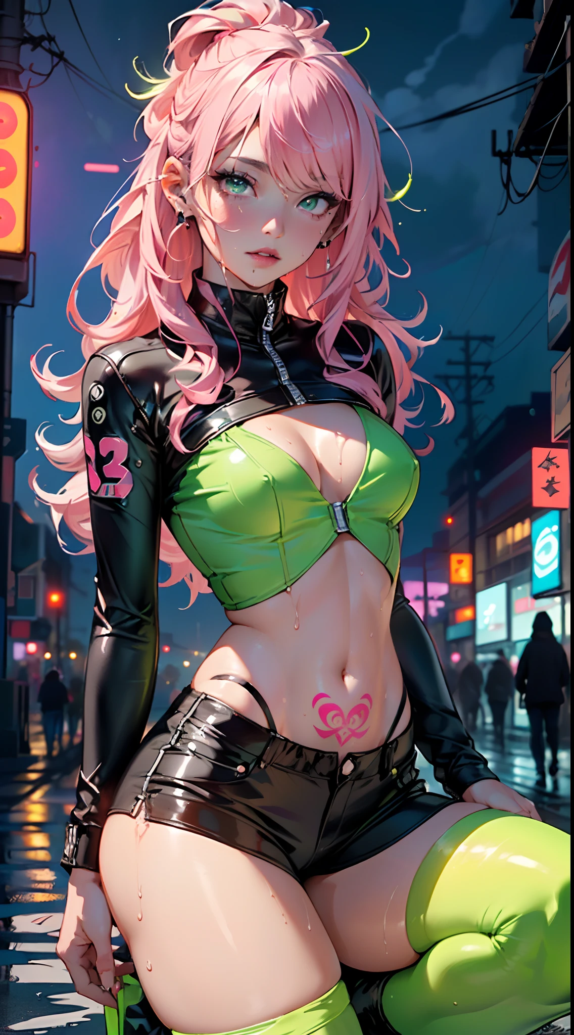 girl rave,(((1girll))),((A girl with extremely cute and beautiful pink hair)),((asian features)),
(Small breasts:1.4),lively breasts,cleavage,(((Neon pink hair:1.35,wild hairs,Long hair:1.4,Colored inner hair,Ear breathing))),(((neonlight_Green_Eyes:1.3))),intricately detailed eyes,Beautiful detailed eyes,Symmetrical eyes,slanty eyes:15,((Fat)),((((Glossy glossy skin:1.5,Bright Skin: 1.5,Shiny skin,very shiny skin,shining body,plastic glitter skin,exaggerated shiny skin,brightskin, Wet legs))),(spider lower abdomen,Narrow waist,Wide buttock,atheletic body,inflated legs,Detailed body,(Detailed face)),
Cute,slutty,Seductive,Erotic,(((NSFW))),
zettai ryouiki,track suit,show skin,((Rave shirt in neon print,Rave mini shorts,visible thong straps)),(rave outfit:1.3,rave clothes,Semi-naked,The clothes are little),((Neon tattoo:1.3)),((Wet clothes,intricate outfits,intricate clothes)),
(Dynamic pose:1.0),solofocus,Embarrassed,(Centered,scale to fit the dimensions,Rule of thirds),
Seaside cyberpunk city at night, There are bright neon lights and dark storm clouds and puddles, scenery:1.25,
artsy photography,(photography of:SLDR),A high resolution, Sharp focus, (Ultra detailed, Extremely detailed), (realistic artwork:1.37),(Extremely detailed Cg Unity 8K wallpaper),((Synthetic wave background theme)),(((Vibrant colors))),(intricate background),(Masterpiece),(Best quality),