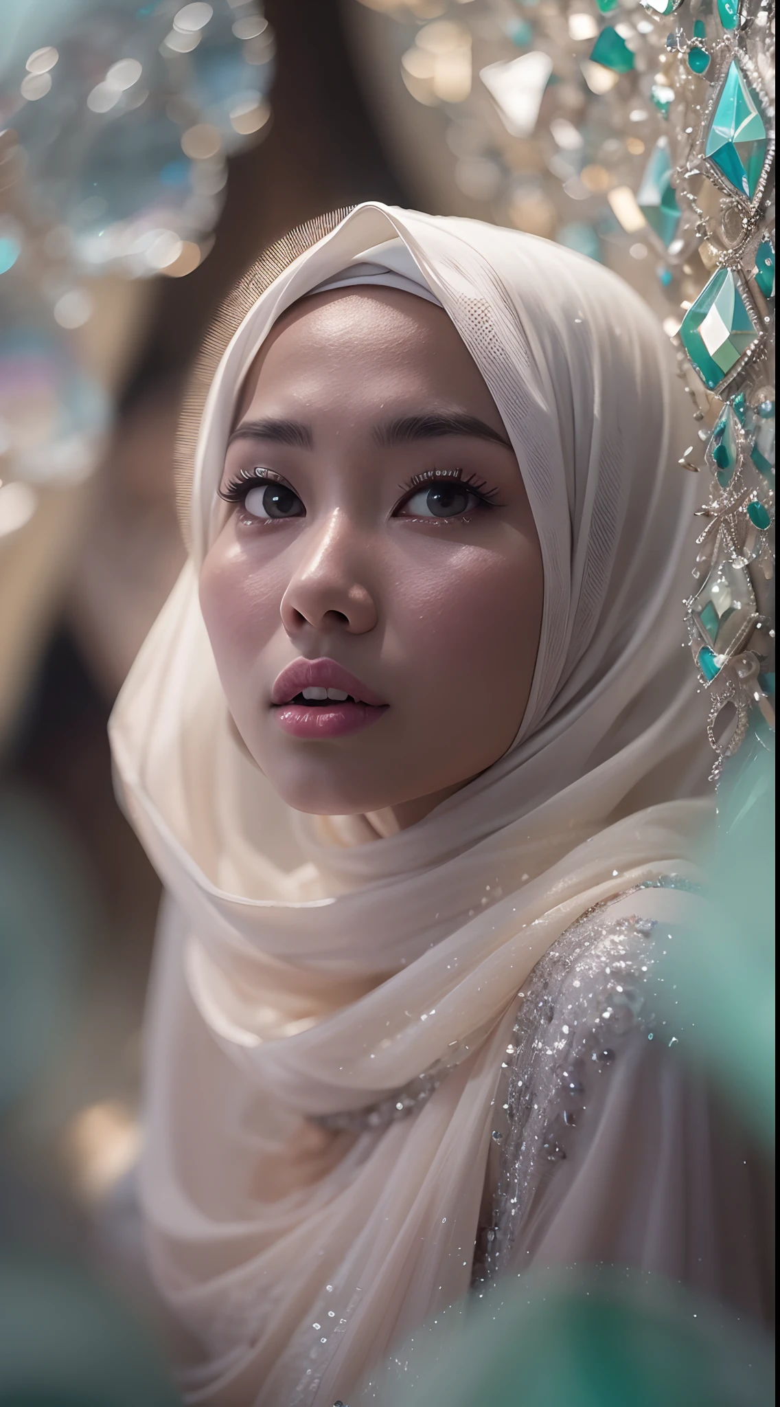 Capture the Malay girl with hijab in a vast cavern filled with towering, sparkling crystals. The radiant crystals reflect the light, casting a surreal and enchanting glow. style raw, pastel color grading, Super 8mm lense, Extreme close-up, Deep Focus cinematography effect