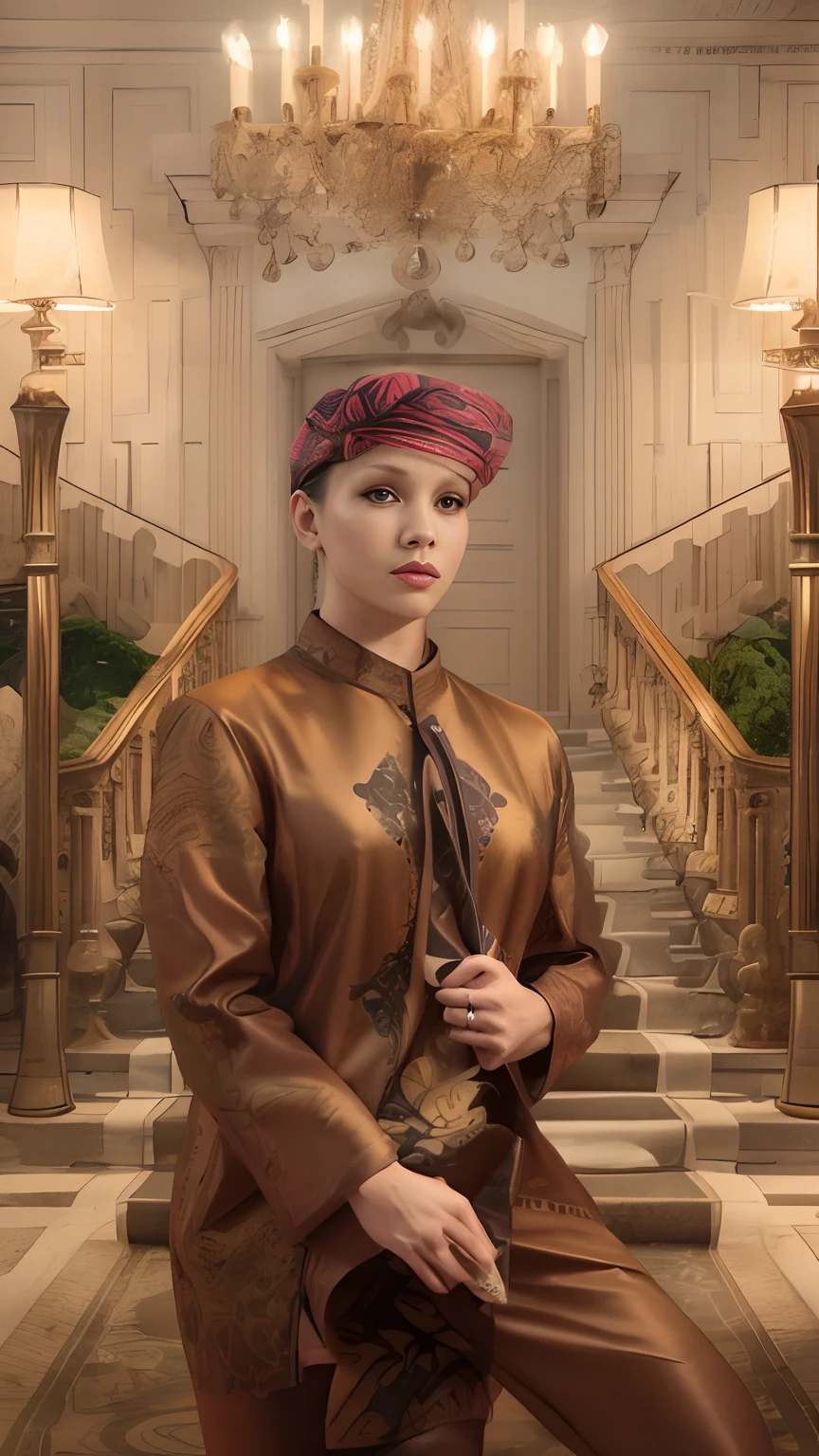 Masterpiece, Best Quality, 3D Rip Artwork, 3DMM Style, Close-up, Portrait, Realism, a woman beautifully makeup, eyeshadow, Parted Lips, Challenge Eye, beautiful big eyes, long eye lashes,long hair, wearing ((red and black satin headscarf)), (( satin shirt)), ((batik satin long maxi skirt)), strolling on a trail in the spring, garden, river