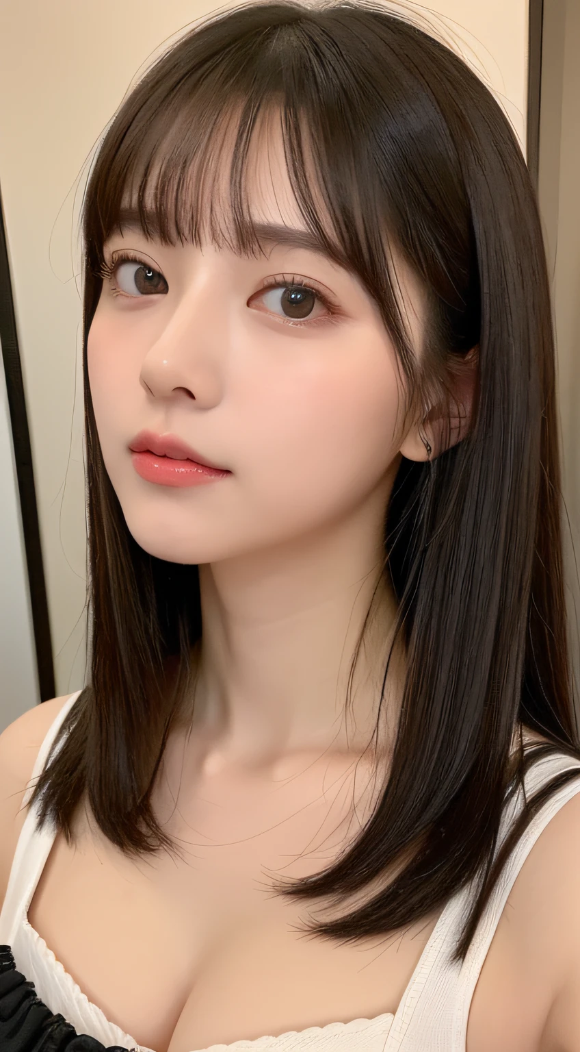 one girl, (beautiful girl, delicate girl:1.3), (16 years old:1.3),
break, (In underwear, Minimum cloth area:1.2),
break, (Idol, close up of face:1.3),
break, very fine eyes, (symmetrical eyes:1.3),
break, small breasts, brown eyes, parted bangs, brown hair, (upper teeth, best smile:0.2),
break, (Eye and face details:1.0),
break, (masterpiece, highest quality, super detailed, detailed face, 8K)