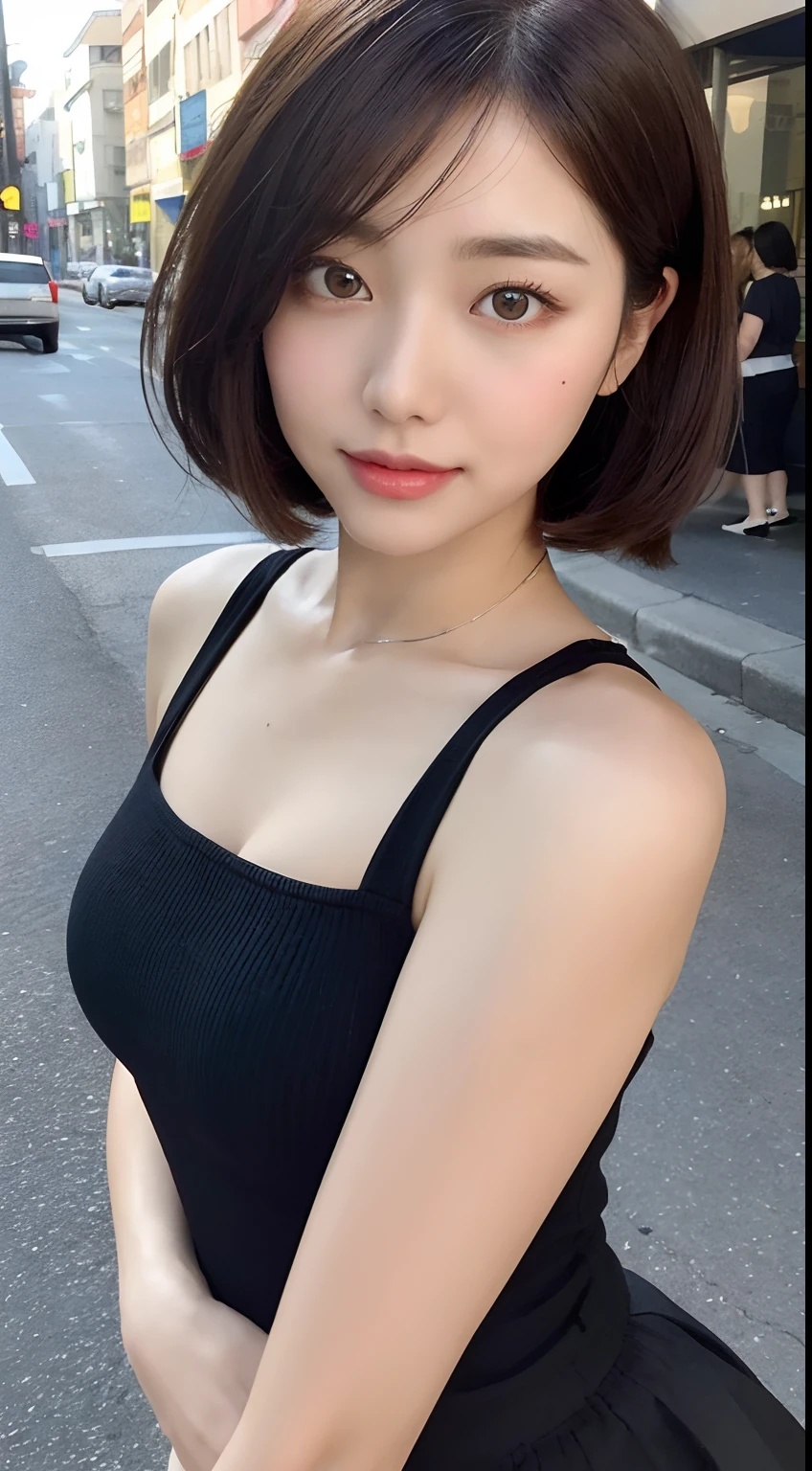 A cute woman similar to Mayu Matsuoka、Super clean and slender、Excellent style  、An ultra-high picture quality、extremely delicate face, Skin and hair、short-hair、dark brown hair、Refreshing dress、In the street、NOWAI、Bustling street、8k picture、A very cute Japan detached face、A slender、middlebreasts、Eyes and nose stand out clearly、Gentle eyes