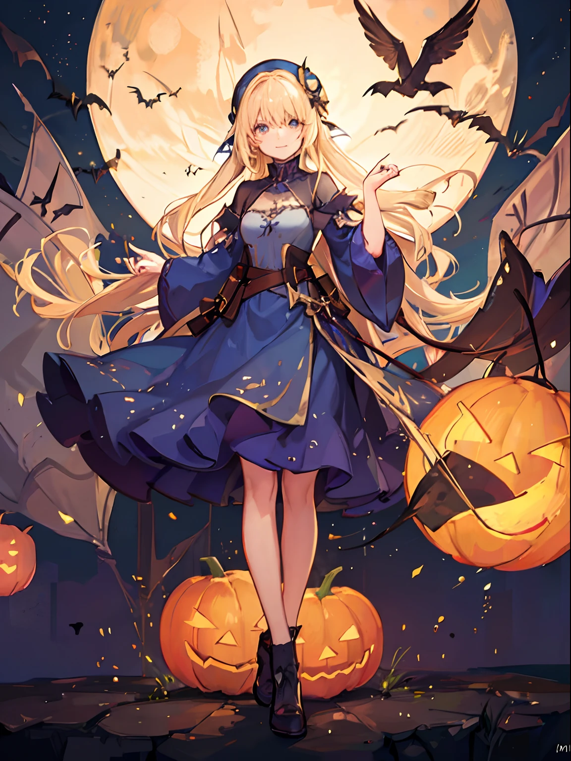 Jack-o'-lantern in hand, Medieval European cityscape on Halloween, Girl smiling at the front , eyes are brown, Blonde girl in blue dress, Her hair is long、Fluttering in the wind, Transparent cloth dress shimmering in the light.