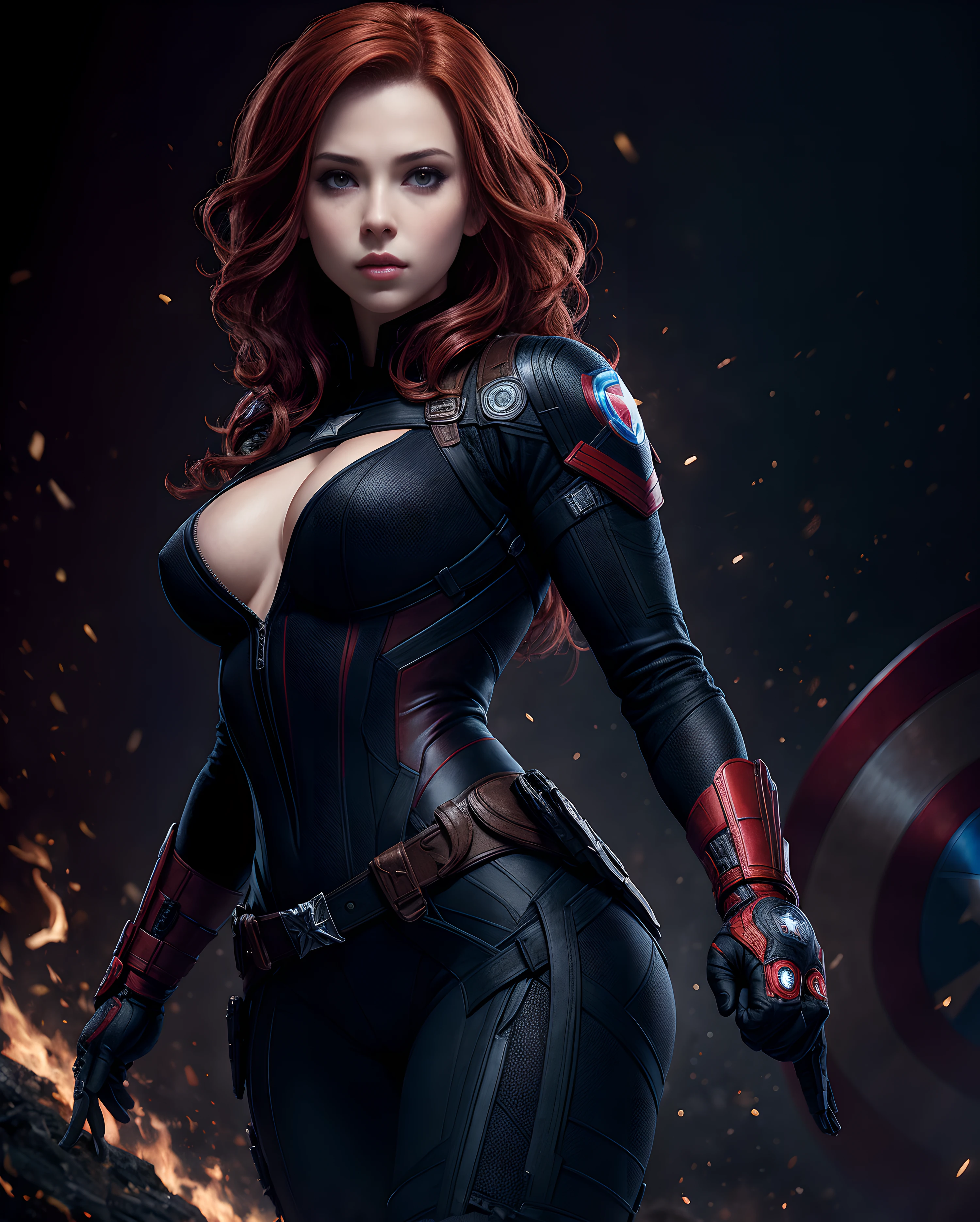 1girl, (NSFW), Masterpiece, Best Quality, 8K, detailed skin texture, detailed cloth texture, Beautiful Detail Face, intricate details, Ultra Detailed, Black Widow in the style of the Captain America, straight red hair, dynamicpose
