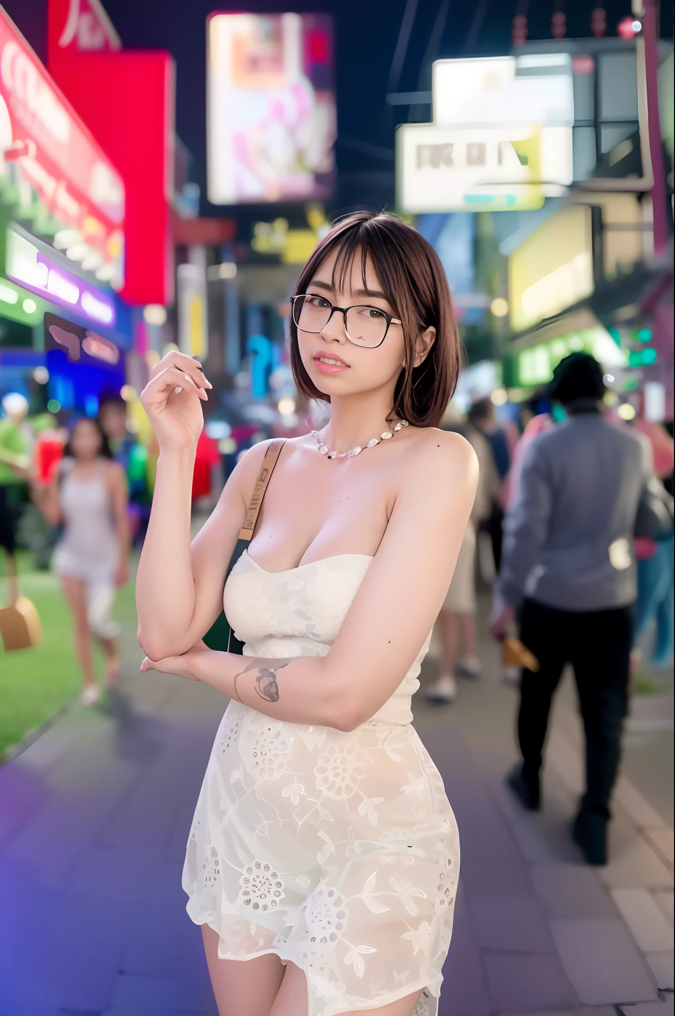 1girl, Tokyo street, night, cityscape, city lights, upper , Japan model, lingerie, laid-back body, sexy, porn, nude, naked, sexy, glasses, hair in a bun