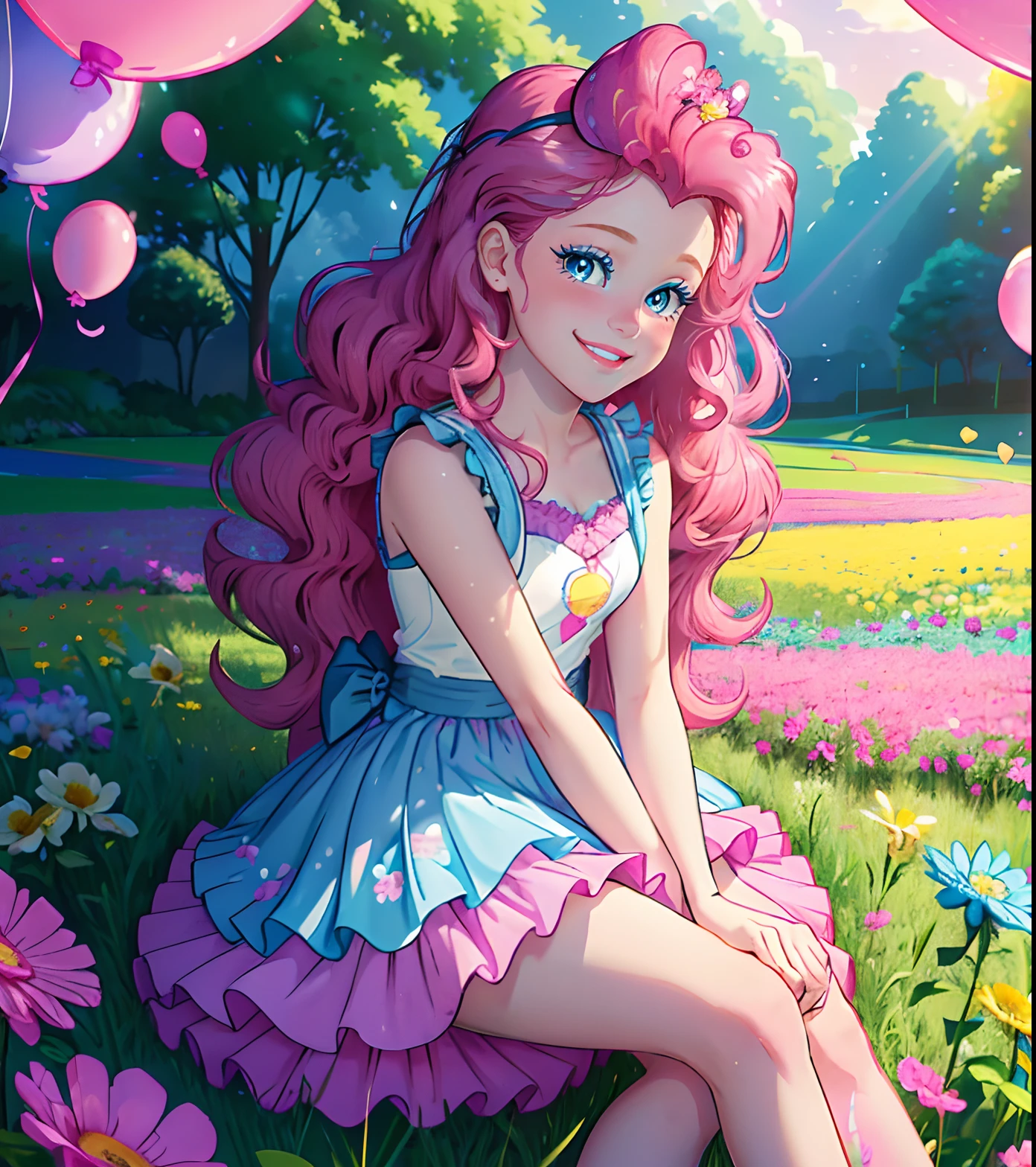 My little pony pinkie pie, pinkie pie, pinkie pie in the form of a girl, long dark pink hair, blue eyes, long pink and blue frilly dress, white frilly thigh high, small pink heels, blue sky, pink clouds, ((sitting in a pink and blue flower field)), staring at viewers, (light pink skin 1.5), soft blush, happy smile, soft smile, holding flowers, blue balloons flying everywhere, ((sunrise 1.0)), highly detailed lighting, yellow light, in a beautiful flower field, pink and blue flowers everywhere, blue eyeshadow (( BLUE EYES 2.0 )), flowers everywhere, SITTING UNDER A TREE HOLDING FLOWERS