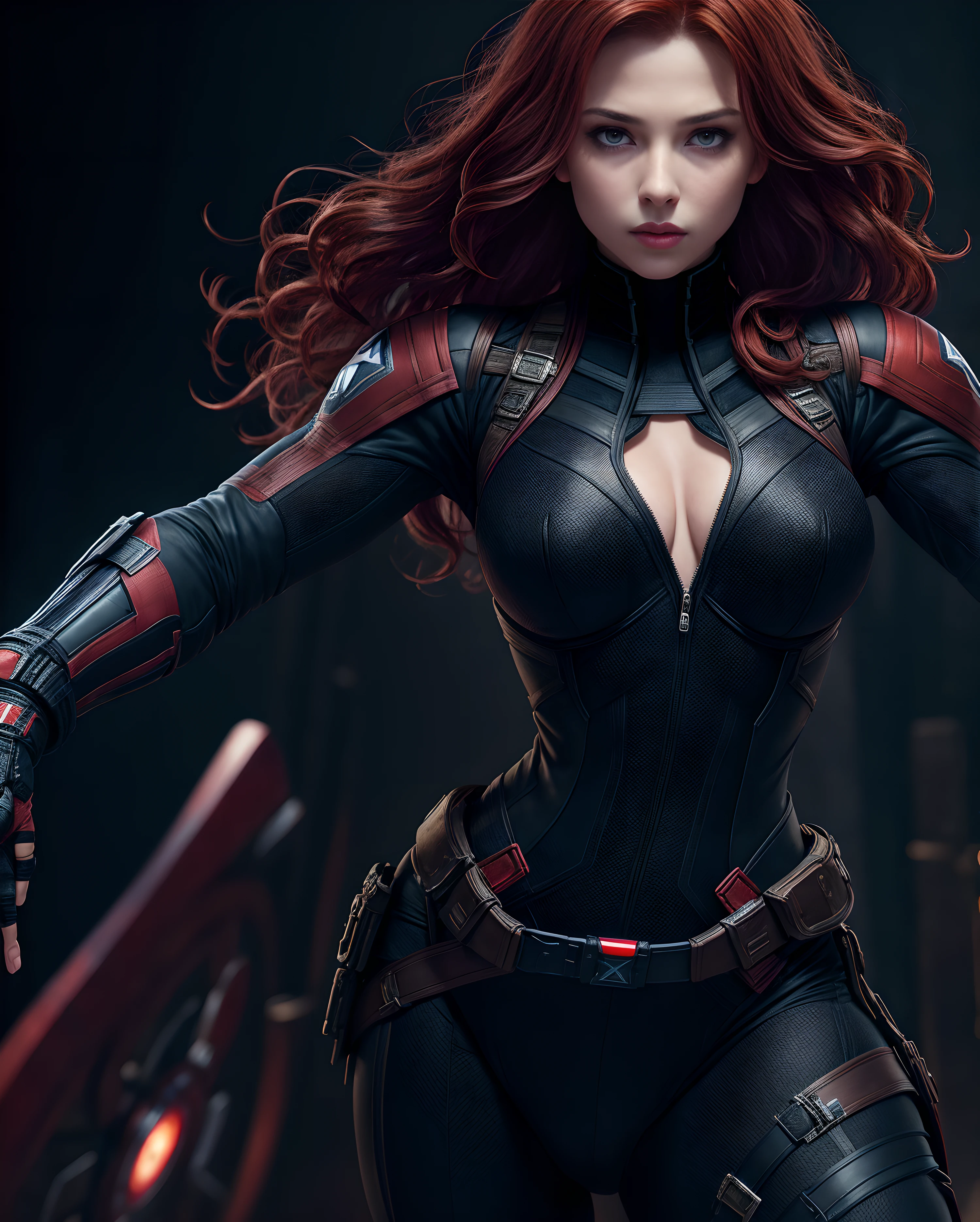 1girl, (NSFW), Masterpiece, Best Quality, 8K, detailed skin texture, detailed cloth texture, Beautiful Detail Face, intricate details, Ultra Detailed, Black Widow in the style of the Captain America, straight red hair, sexypose, curved body, the gap between the legs, Gap between the legs,