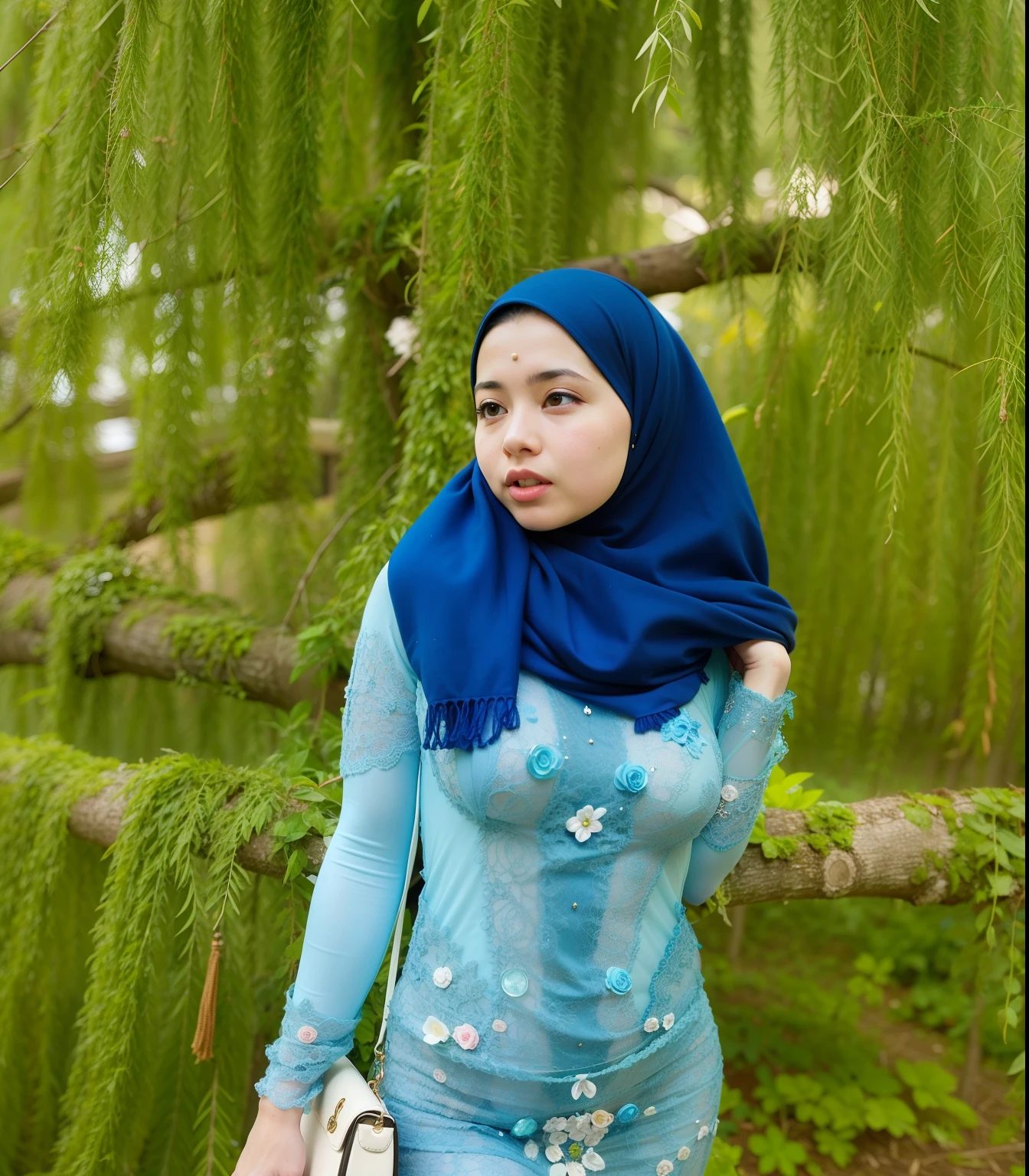 arafed woman in transparent blue dress standing under a tree, faridah malik, shawl, blue themed, sexy pose, sexy underwear, showing underwear