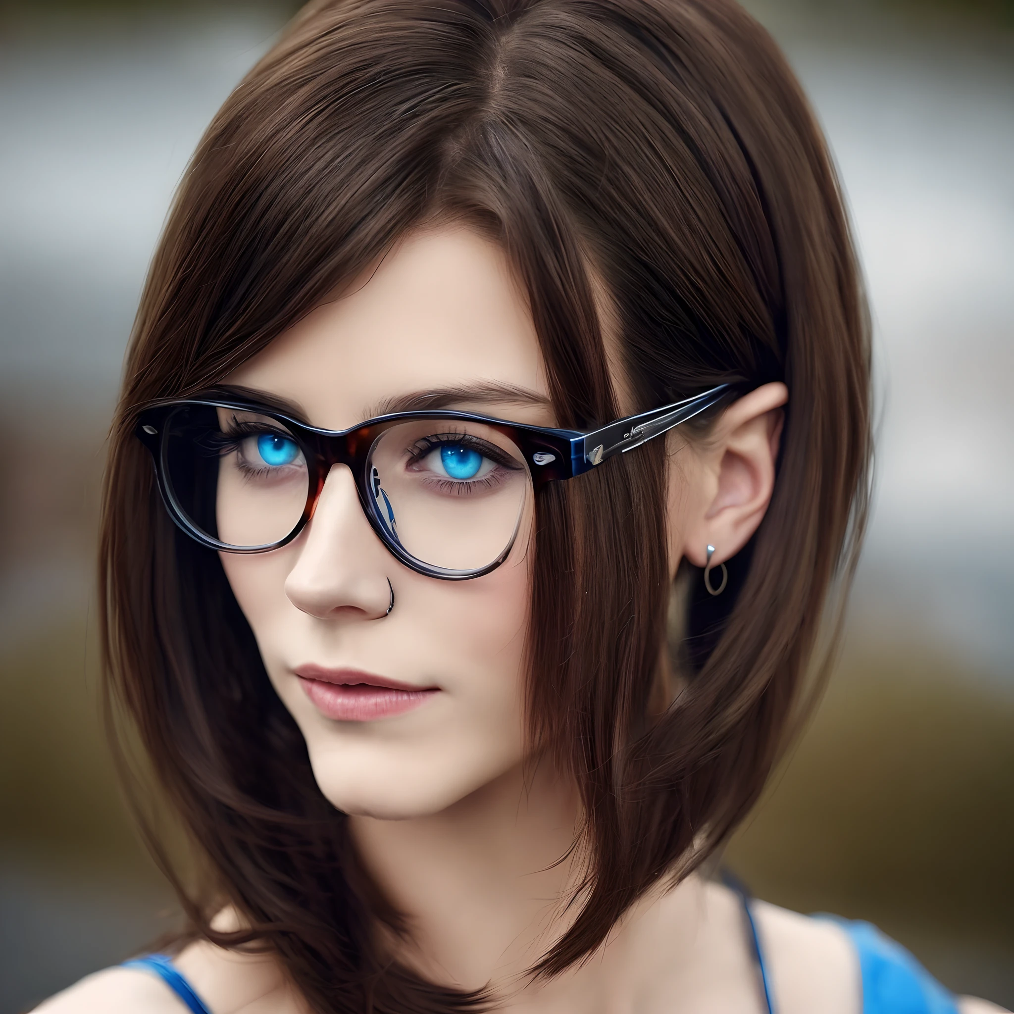 female shoulder length dark brown hair blue eyes glasses piercings
