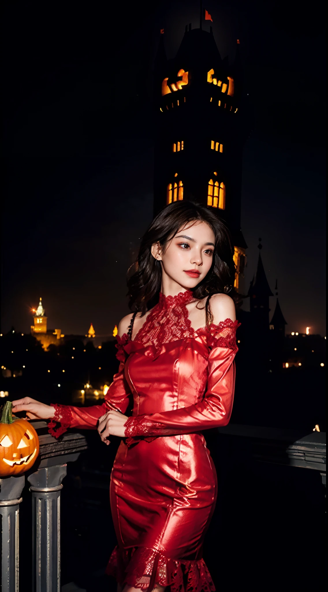 (shoulder length straight short black hair:0.9), （Extremely meticulous CG 8k wallpaper），（Extremely refined and beautiful），（Masterpiece），（best qualtiy：1.0），（Ultra High Resolution：1.0），beautiful light up，Perfect lightning，realistic shaded，[A high resolution]，Smooth and flawless fair skin，Extremely exquisite facial details,(perfect body:1.1），ultra - detailed,A beautiful girl,small head,(Small breasts:1.1),Flat chests,slim,thin,Smile,cheerfulness,(maxi Gorgeous red lace princess ta evening dress:1.3),(high heels:1.3),(on castle tower:1.5),(halloween night:1.3),night scene,(pumpkin:1.3),(many bats flying in air:1.2),Portrait photo,(from front:1.2),(cowboy shot:1.2),(close shot:1.2),(upper body:1.2),standing