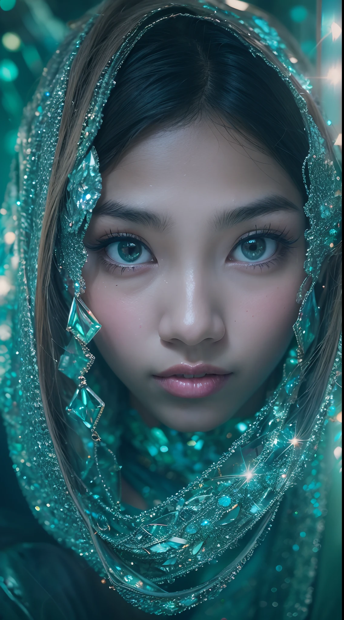 Capture the Malay girl with blue hijab in a vast cavern filled with towering, sparkling crystals. The radiant crystals reflect the light, casting a surreal and enchanting glow. style raw, pastel color grading, Super 8mm lense, Extreme close-up, Deep Focus cinematography effect