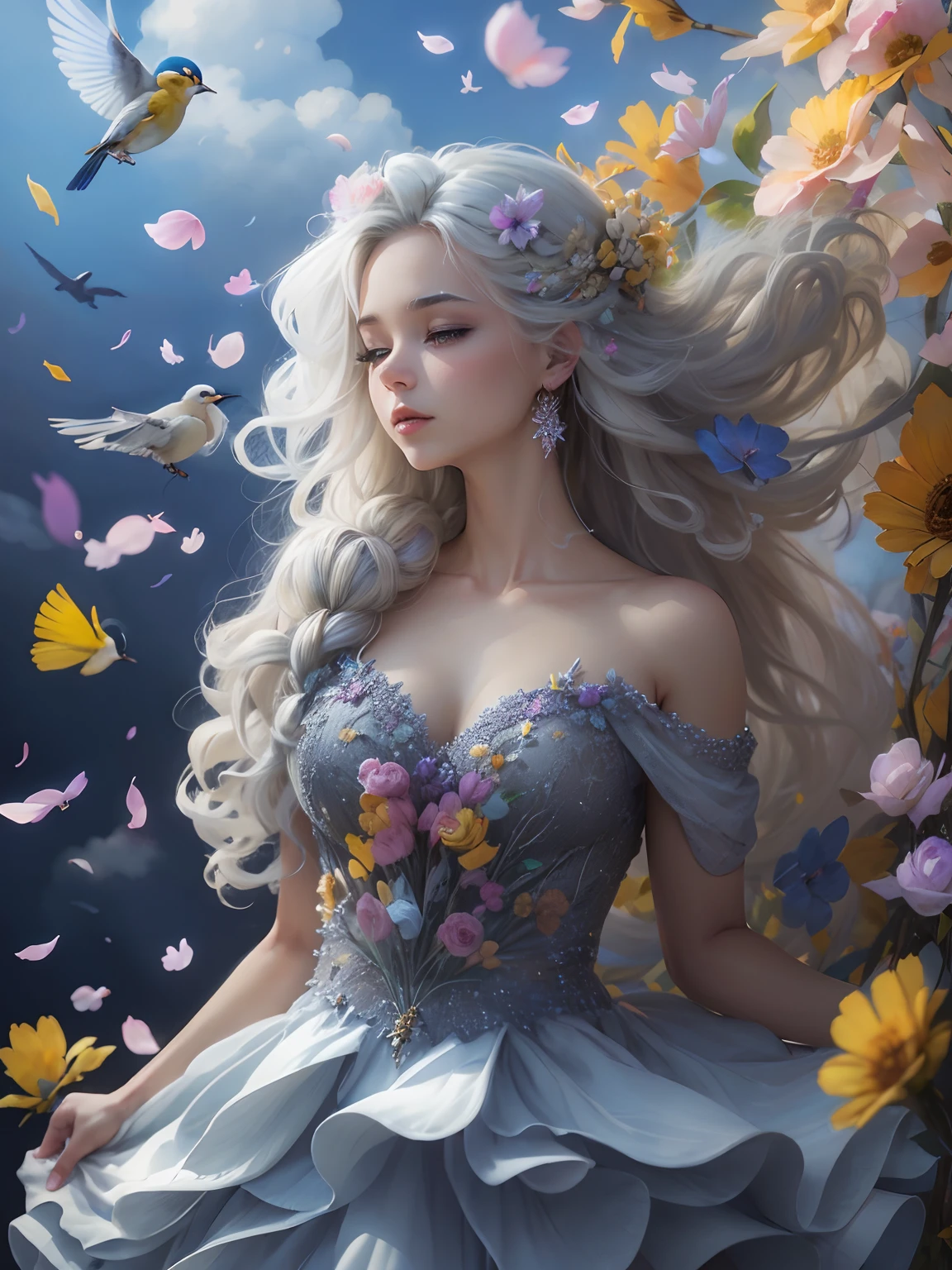 April small cute birds bring flowers and colorful feathers to her blonde/white braided hair, braided hair, bluebirds, hummingbirds, fluffy cumulus clouds, cumulonimbus, chickadees, goldfinch, swirling curling blonde/white hair, twirling, spiral, gyro, puffy fluffy, cotton candy, sunshine, mist, frost, frosty, frozen, warm, silver dress, silver gown, flashing dynamic, sound, photorealistic, hyperdetailed, glass, gems, color,  24 years woman, fairy hair, drill hair, digital sound clouds, 64k resolution, mystical art style, fun, timing, love, honesty, oil paints, new design, paper-art, spring.