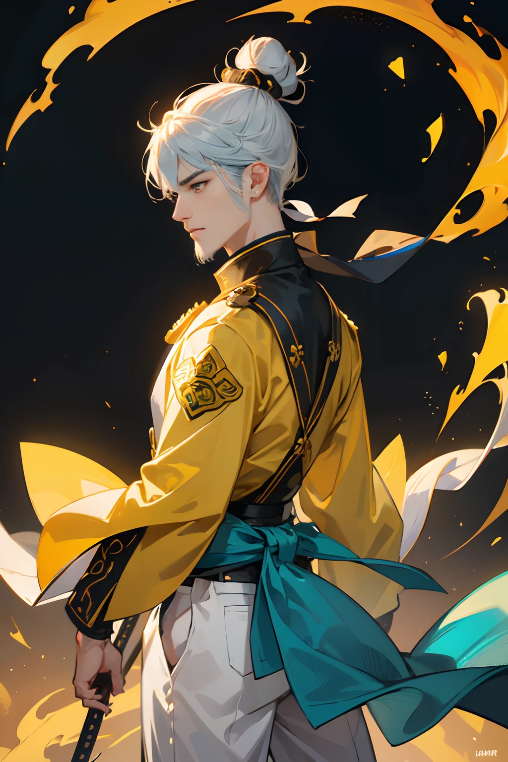 ((The male:1.5))，Samurai in yellow armor，（samurai armor)，shadowboxing，yin yang，（（Hold the double hammer 1.4）），Exudes a powerful aura.  White pants，Gossip mode ,2K, best qualtiy，Masterpiece, Super detail, High details,Well-made beard, Samurai bun，back，（High- sharpness，ultra - detailed）， tmasterpiece，  独奏，Cyan clothes， A kind expression， 详细的脸， Look up at the sky， swirles， salama，Complicated details, , 独奏, detailedbackground，Hover in the air，(Floating lotus)、Backlit realistic lighting、Armory、Hair flutters in the wind，Surrounded by ink, Clear face, Clear and bright eyes, High detail, (A high resolution, ultra - detailed), Cinematic lighting, Motion blur, Ray tracing, reflective light, (Close-up), Masterpiece, Best quality, High quality, Anatomically correct, Textured skin, High details, Super detail, 1080p, hyper HD,