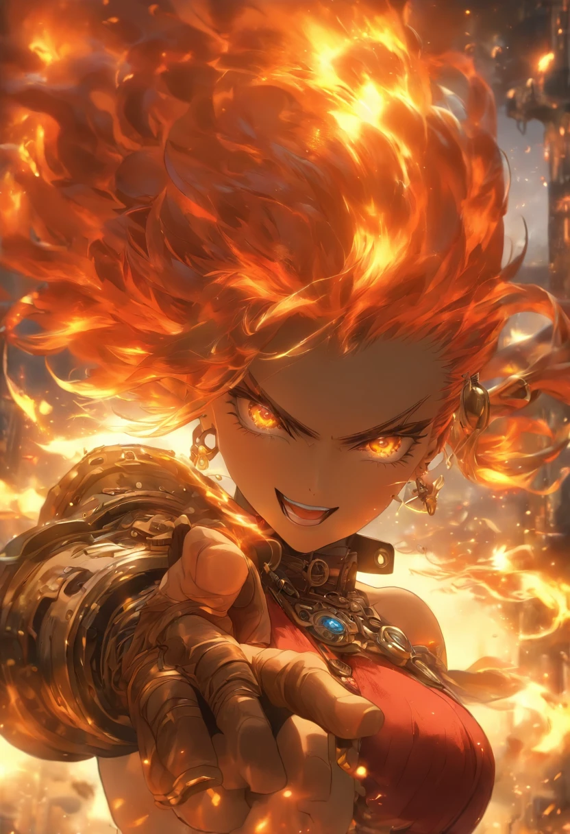 Fantasyart、(top-quality、​masterpiece:1.2)、ultra-detailliert、(photoRealstic:1.1)、(foco nítido)、Female spirit of molten fire burning bright red、full bodyesbian、Detailed molten fire elemental、Red and yellow blue flames、Being in a fantasy world。Powerful eyes、美丽的面容、A detailed face、perfectly proportions、爆乳、big breasts thin waist、nabel、buttock、Crotch gap、thighs thighs thighs thighs、raise two hands、Steampunk style、Detail Master 2、Skull Head、steampunc、Film Girl、Morten、