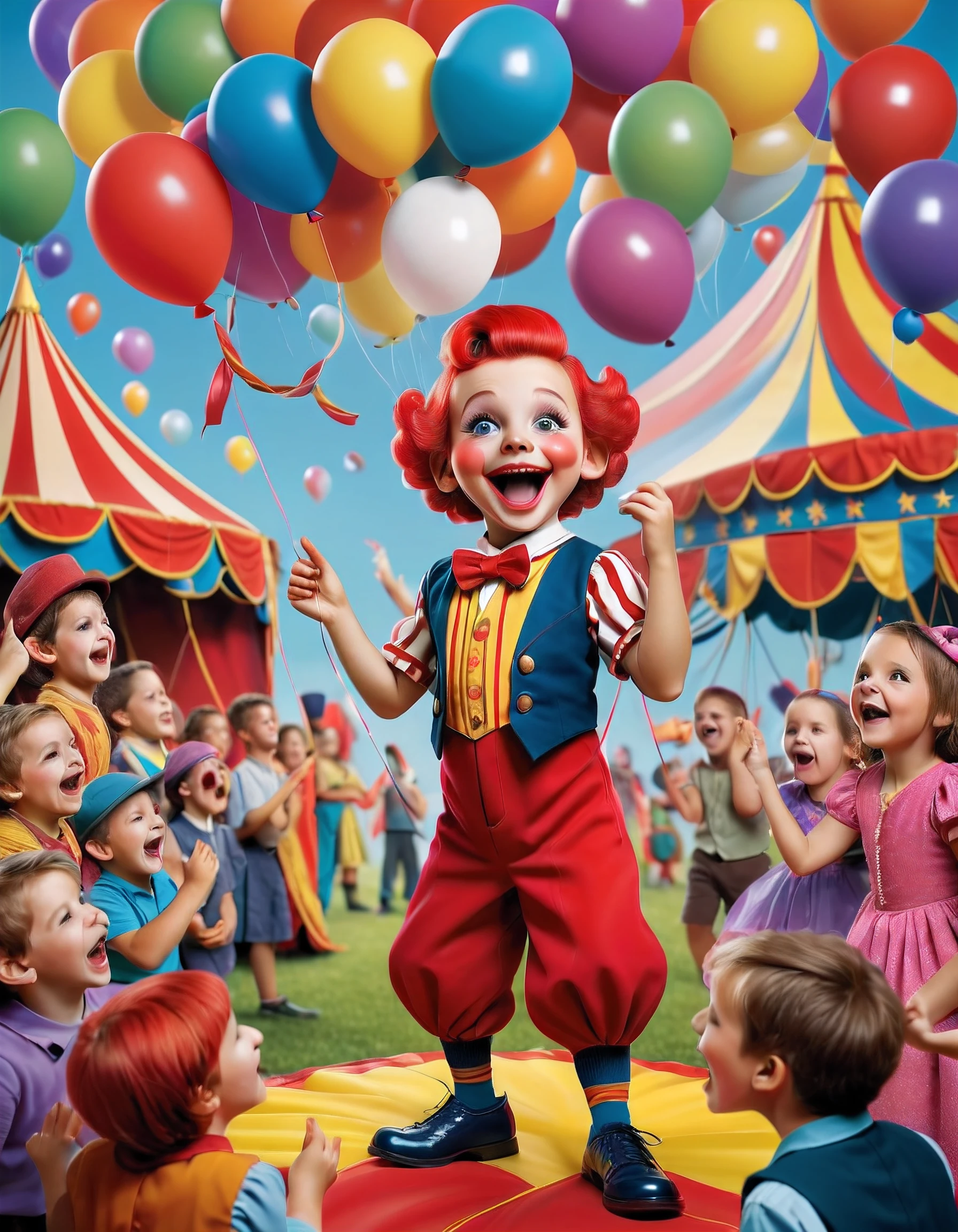 (best quality, highres), detailed, vibrant colors, happy children, entertaining performance, balloons, funny facial expressions, exaggerated gestures, circus tent, circus props, laughter, amusement park, entertainment for kids, energetic, magical tricks, audience interaction, big shoes, colorful costumes, juggling, balloon animals, circus music, laughter and applause