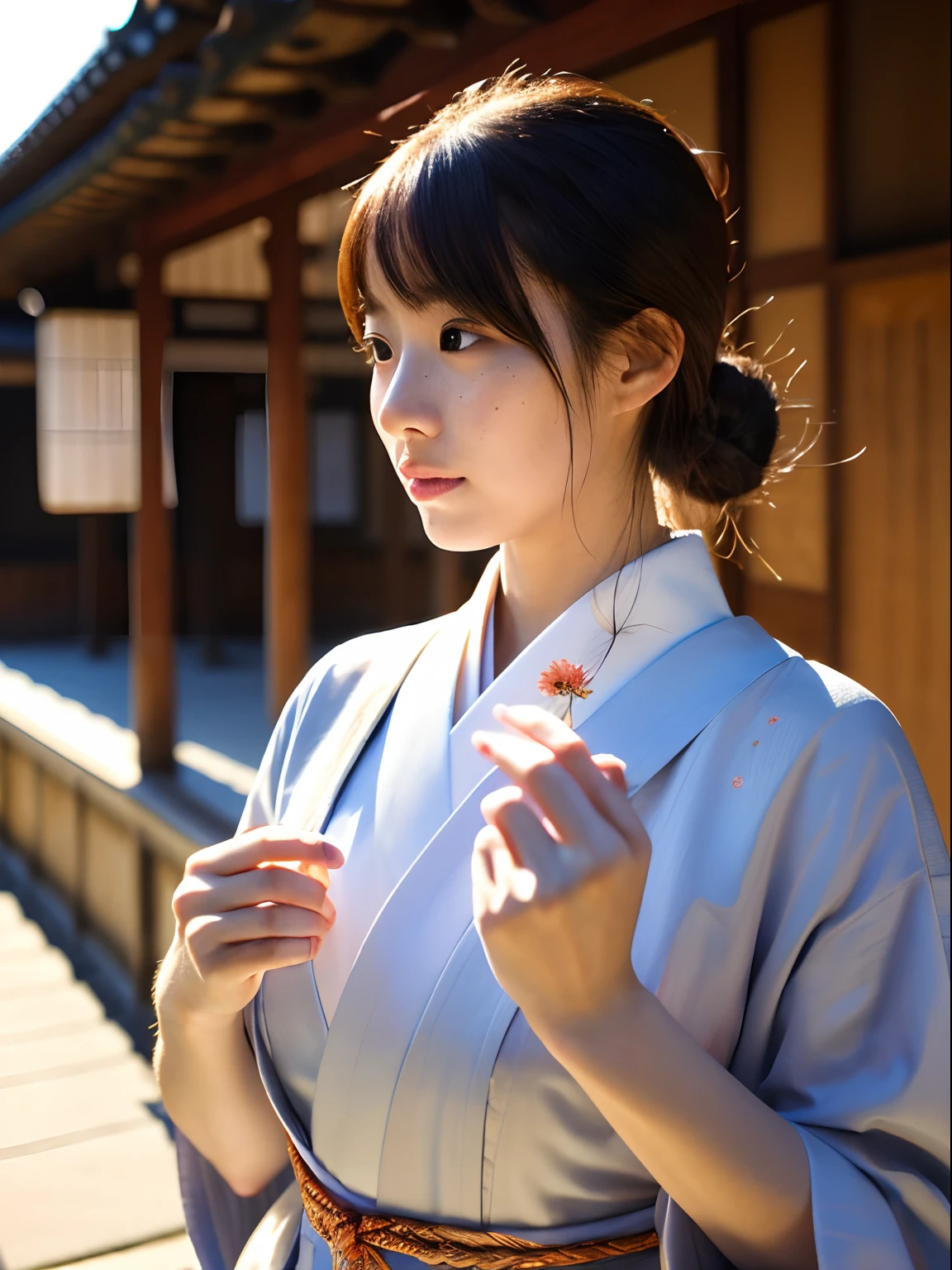 1girl,fullbody photo & standing,japanese,25old year,a little freckles,working at NEO Traditional temple in japan,NEO Traditional clothes,wide angle lens,Proper body proportion,Super high-quality output images,hight resolution,Intricate details,Hair fluttering in a very delicate and beautiful wind,photos realistic,Dreamy,Professional Lighting,realistic shadow,Solo Focus,Beautiful hands,Beautiful fingers,Detailed finger features,detailed clothes features,Detailed hair features,detailed facial features,