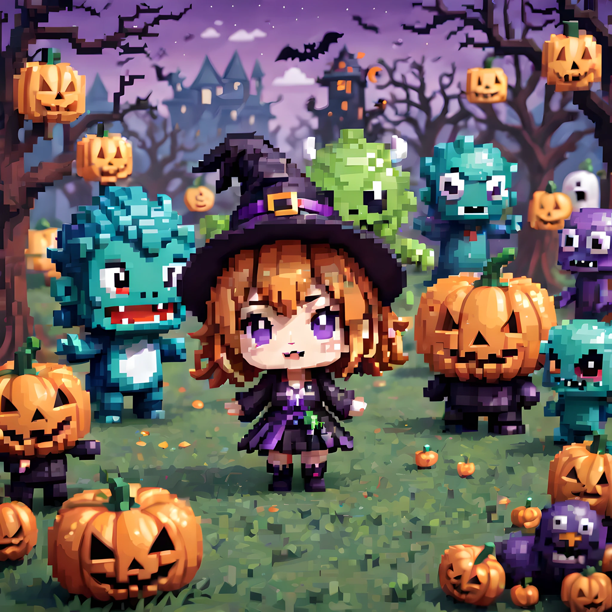 (Pixel art:1.5), (chibi emote:1.5), (chibi character:1.5), (halloween theme:1.5), (fantasy:1.5), (magical world:1.5), (fantastic halloween background:1.5), (halloween:1.5), (monsters:1.5),