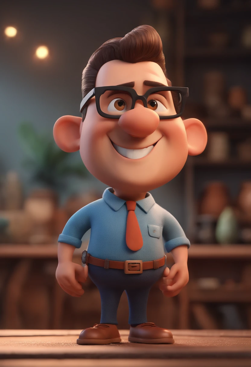 Cartoon character of a man with black glasses and a blue shirt, animation character, Caractere estilizado, animation style rendering, 3D estilizado, Arnold Maya render, 3 d render stylized, toon render keyshot, Personagem 3D, Personagem 3D, 3d rendering stylized, 3 d character render, personagem de desenho animado, Personagem de close up, Pose de personagem, (Estilo Pixar) (master part:1.2) (Bokeh) (best quality) (pele detalhada) (textura detalhada) (8k) (argila) (Cinematic lighting) (foco nítido
