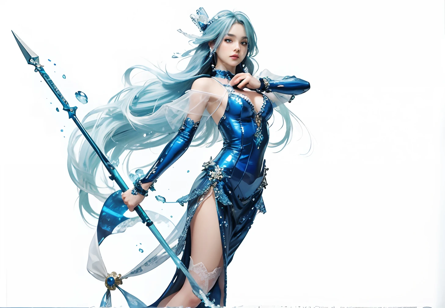 Masterpiece, hyperrealistic, real girl, teen girl, 25 years old, cyan hair, blue white dress, holding spear, long hair, blue eye, ice element, ice background, ultra detail, dynamic pose, middle bust, transparent bra, see through bra,