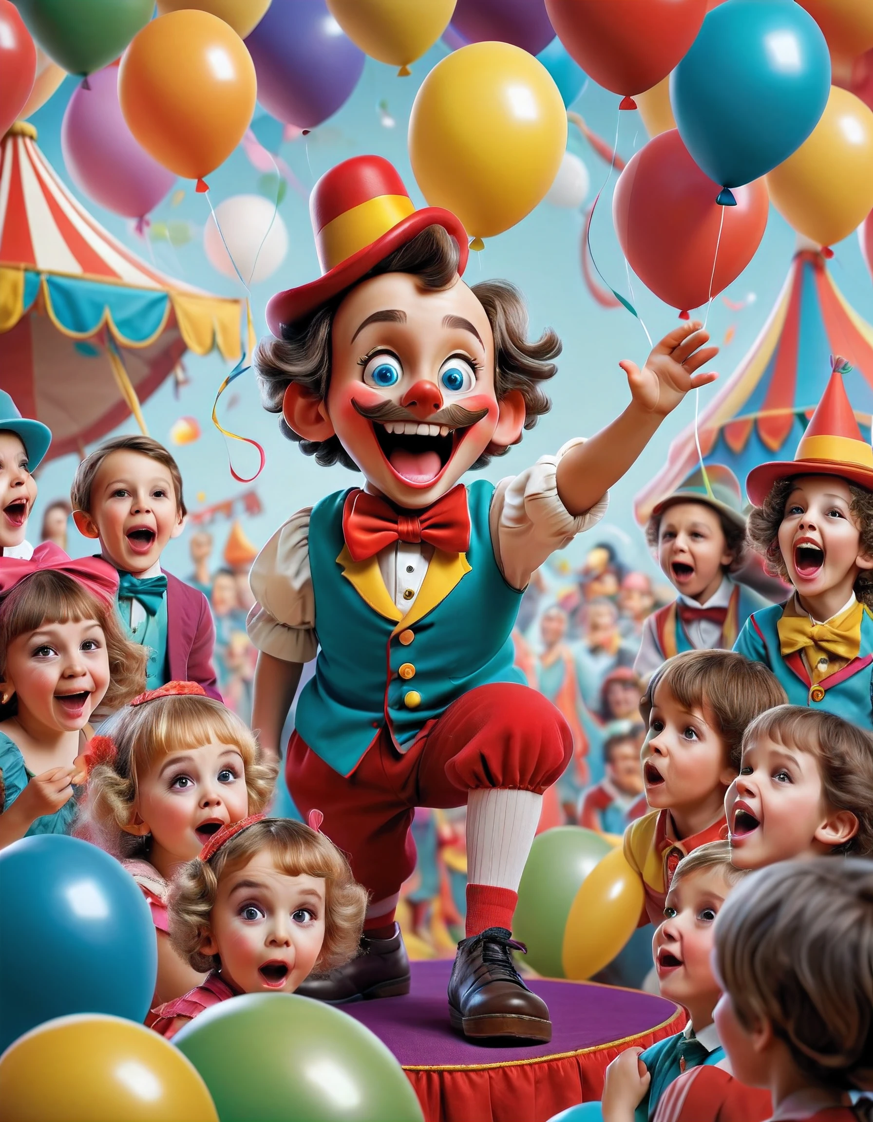 (best quality, highres), detailed, vibrant colors, happy children, entertaining performance, balloons, funny facial expressions, exaggerated gestures, circus tent, circus props, laughter, amusement park, entertainment for kids, energetic, magical tricks, audience interaction, big shoes, colorful costumes, juggling, balloon animals, circus music, laughter and applause