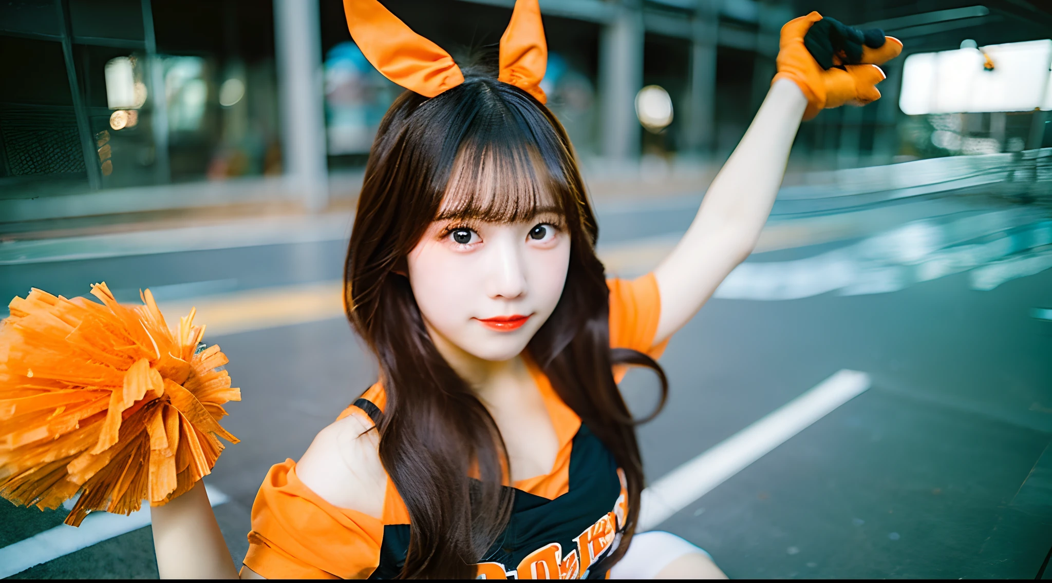 18-year-old cheergirl in an orange miniskirt