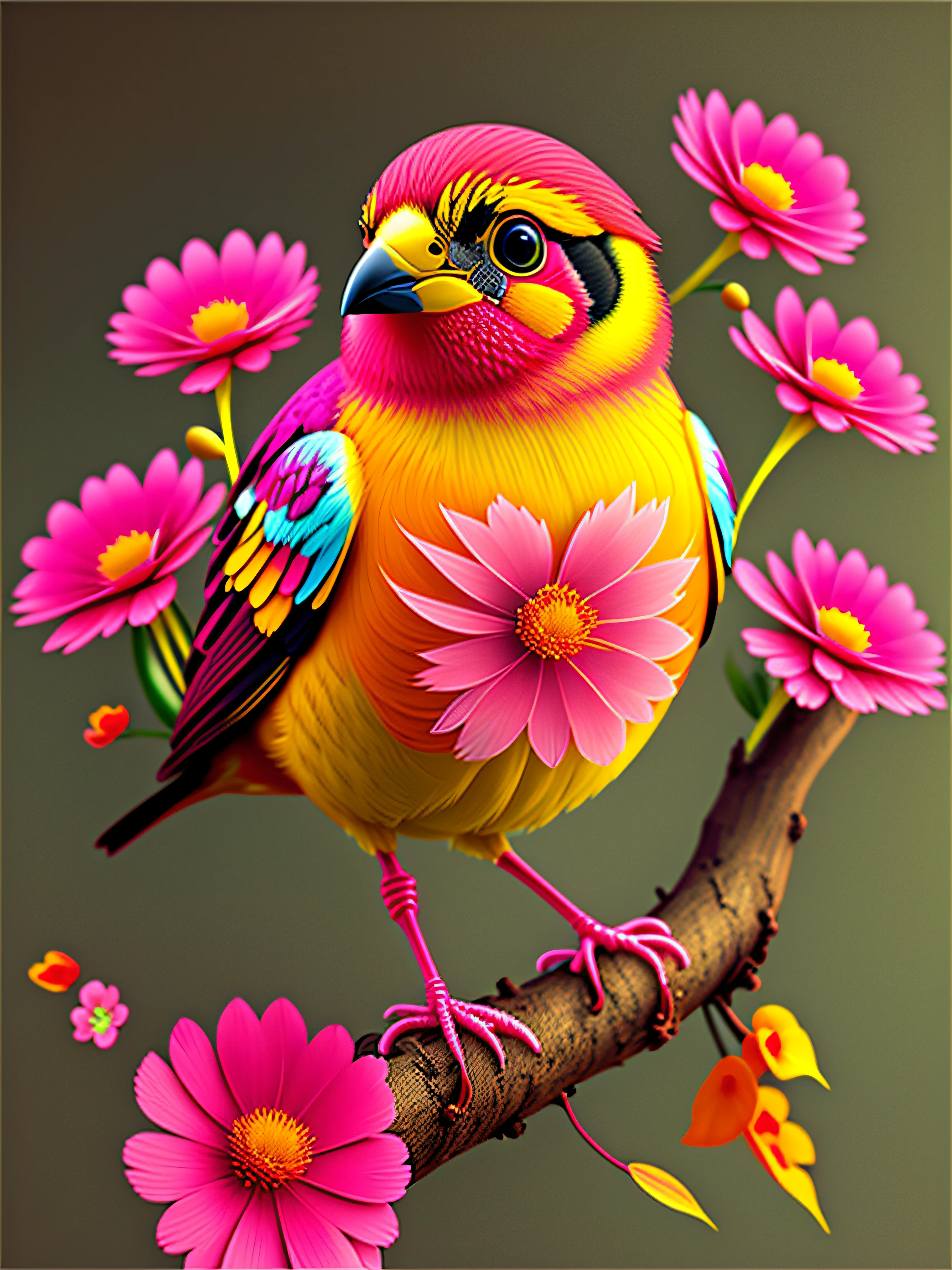 pink flowers, CGI art, red-yellow color, surreal sparrow, Pinterest, photorealistic art style, rich colors, AI-generated images, highly detailed portrait, bird sitting on a branch singing for you, breathtaking rendering