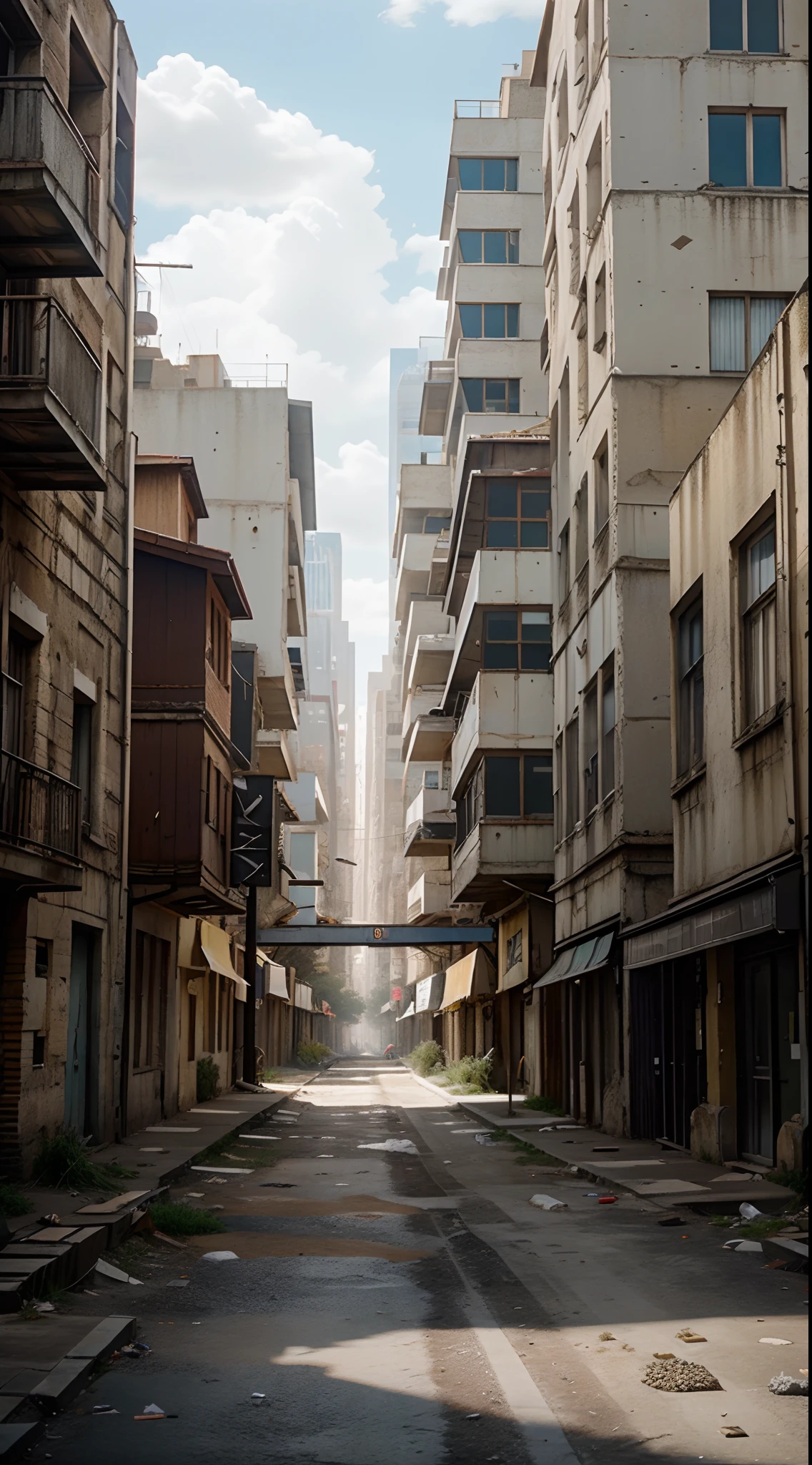 Real scenes，Lots of detail，Streets after the war，Ground gravel，Reallightandshadow，The background is clearly visible，Tall buildings in the distance，Bright during the day，Crippled，empty of people，future-tech，8k，Unreal 5