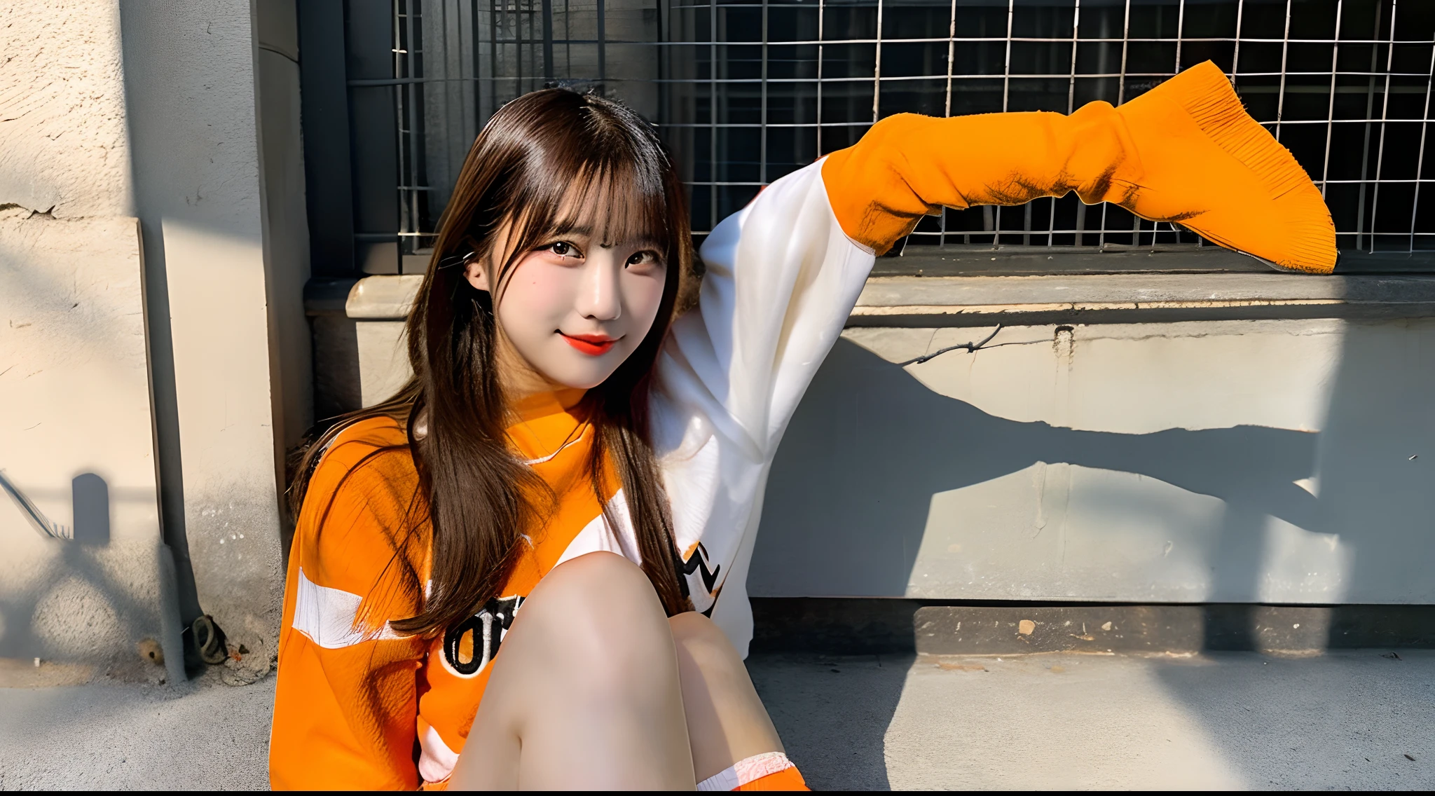 Cute 18-year-old female college student in orange miniskirt