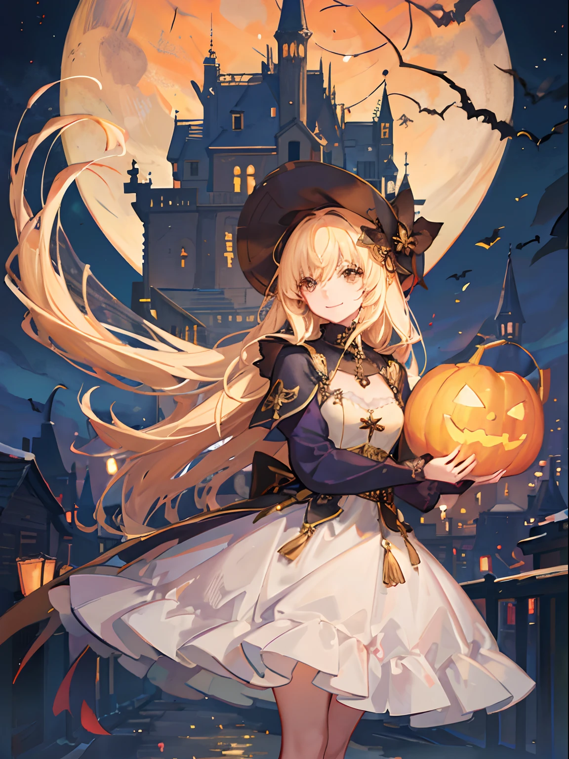 Jack-o'-lantern in hand, Medieval European cityscape on Halloween, Girl smiling at the front , eyes are brown, Blonde girl in white dress, Her hair is long、Fluttering in the wind, Transparent cloth dress shimmering in the light.