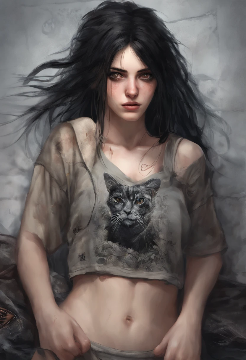 A beautiful European girl with messy black hair, alternative aesthetic, gothic, golden eyes, laying in bed in her panties and a T-shirt
