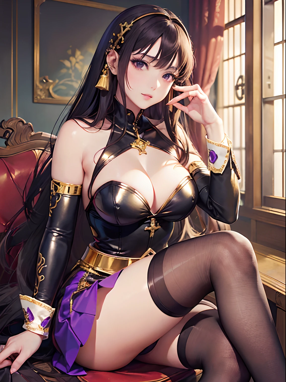 ((Finest quality)),(超A high resolution),(ultra-detailliert),((Best Anime)),sharpnes,Clair,Art with astounding depictions,Glamorous atmosphere:1.4, (Dark purple leather BDSM with gorgeous embroidery in gold,Limbs are 2 pairs,skirt by the,A Japanese Lady,)),Sit on a chair and cross your legs