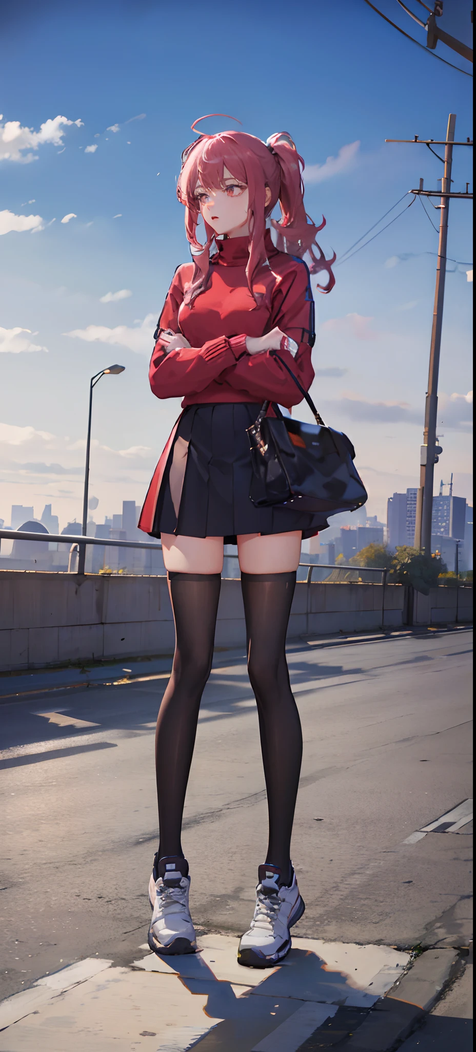 Beauty all over the body，Long legs，Tall and tall，Schoolgirl in red sweater，black lence stockings，athletic sneakers，Stand head-on，a skirt，highway background