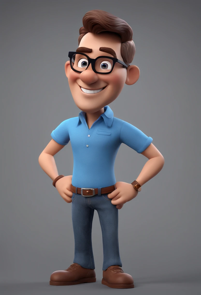 Cartoon character of a man with black glasses and a blue shirt, animation character, Caractere estilizado, animation style rendering, 3D estilizado, Arnold Maya render, 3 d render stylized, toon render keyshot, Personagem 3D, Personagem 3D, 3d rendering stylized, 3 d character render, personagem de desenho animado, Personagem de close up, Pose de personagem, (Estilo Pixar) (master part:1.2) (Bokeh) (best quality) (pele detalhada) (textura detalhada) (8k) (argila) (Cinematic lighting) (foco nítido
