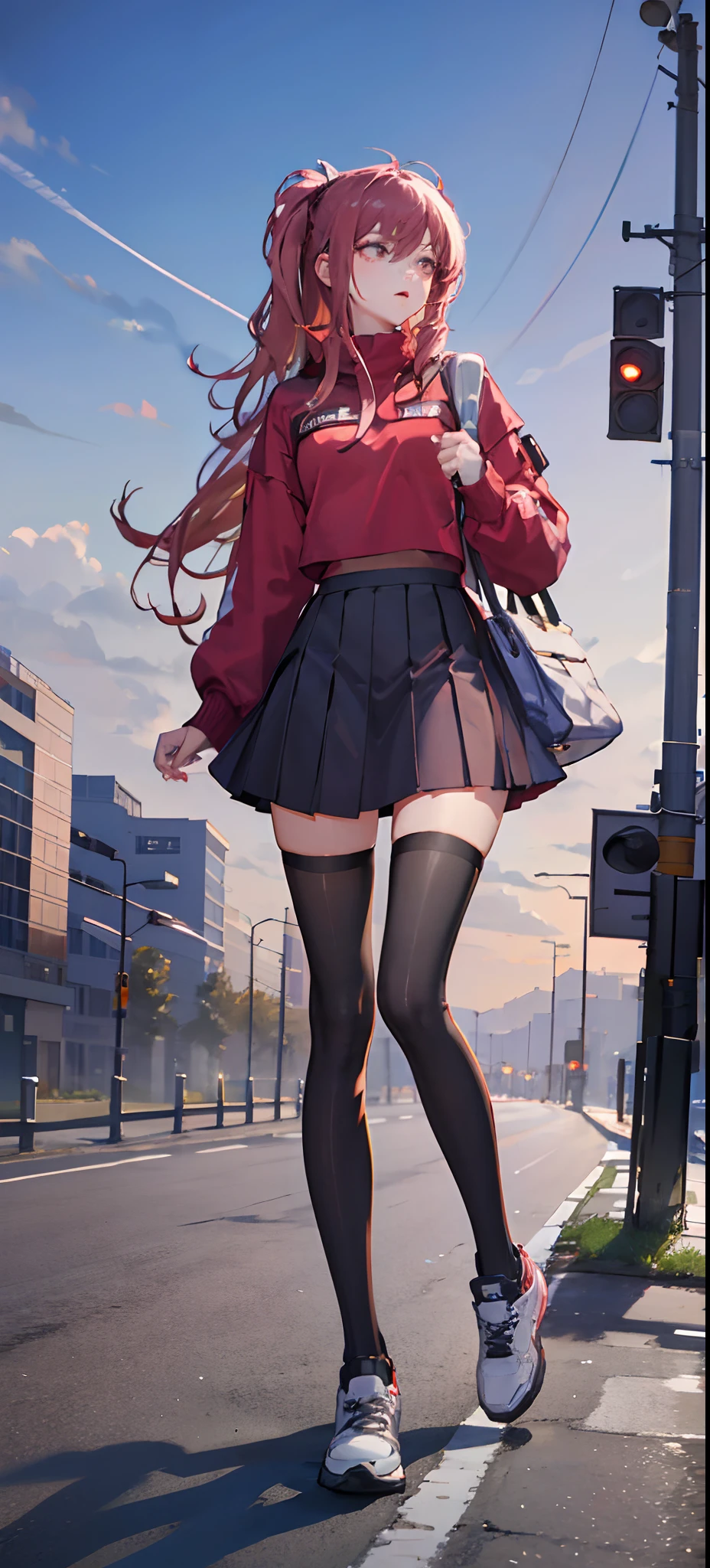 Beauty all over the body，Long legs，Tall and tall，Schoolgirl in red sweater，black lence stockings，athletic sneakers，Stand head-on，a skirt，highway background